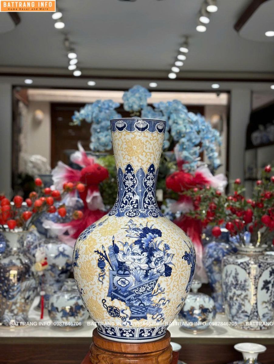 Tỏi Tứ Quý Cổ Đồ Nền Gấm Vẽ Tay Cao 70cm 2