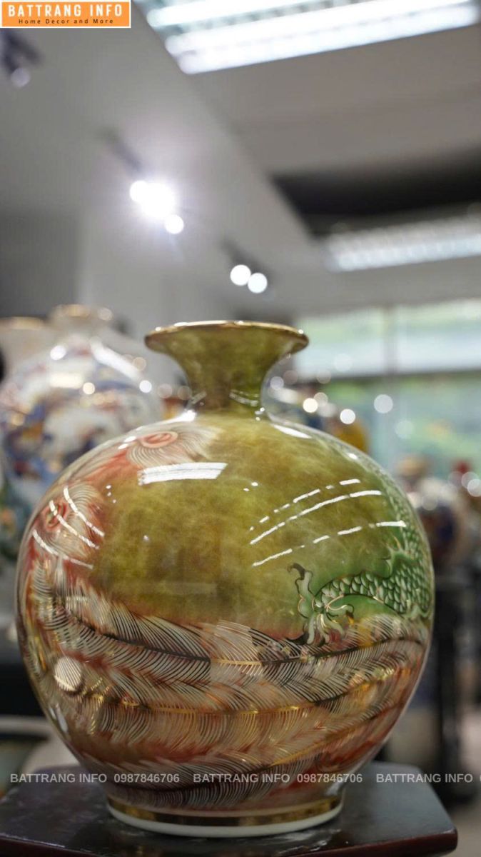 Bình hút lộc Long Phụng sum vầy cao 30cm vẽ vàng 24k cao cấp Bát Tràng