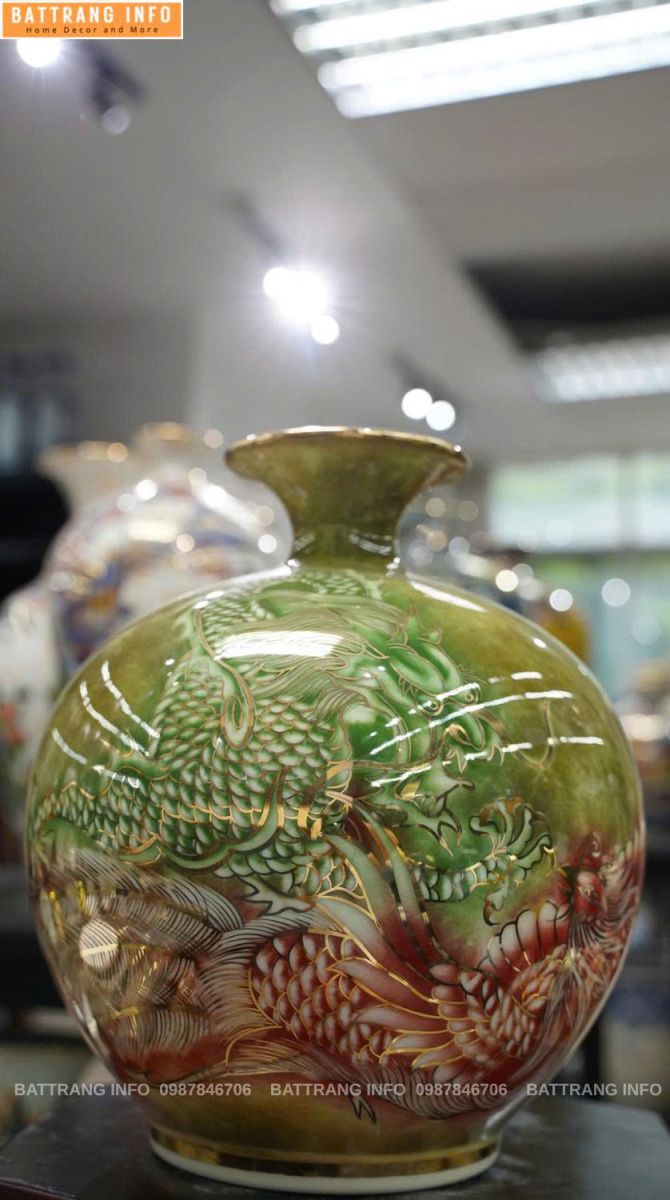 Bình hút lộc Long Phụng sum vầy cao 30cm vẽ vàng 24k cao cấp Bát Tràng 2