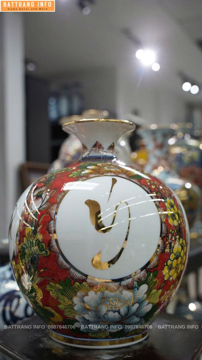 Bình hút lộc chữ Vạn Sự Như Ý cao 30cm vẽ vàng 24k cao cấp Bát Tràng 2