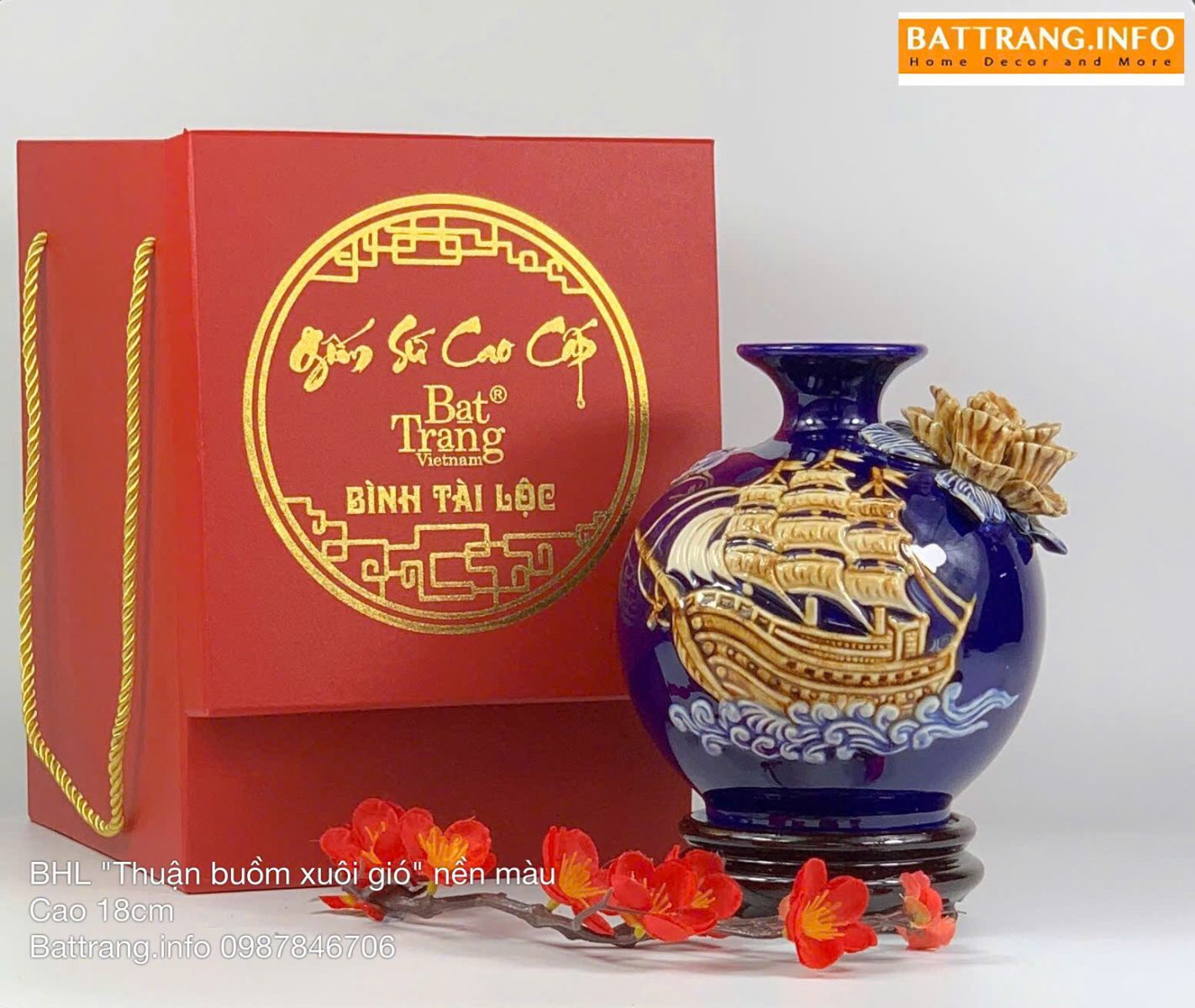 Bình Hút Lộc Thuận Buồm Men Màu Đắp Nổi Cao 18cm Cao Cấp Bát Tràng