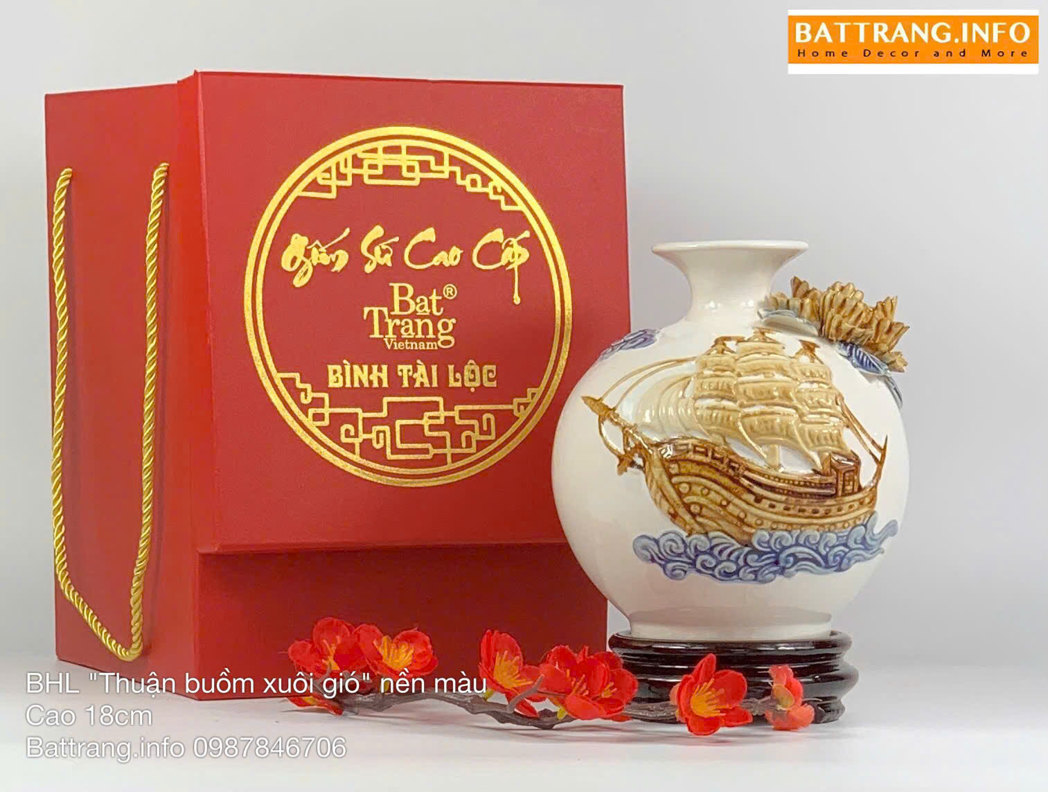 Bình Hút Lộc Thuận Buồm Men Màu Đắp Nổi Cao 18cm Cao Cấp Bát Tràng