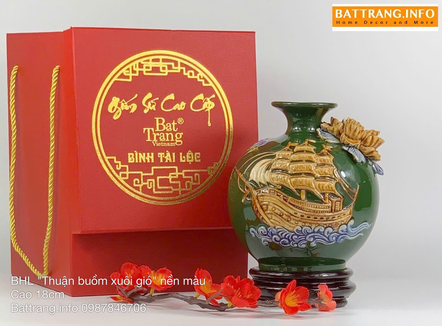 Bình Hút Lộc Thuận Buồm Men Màu Đắp Nổi Cao 18cm Cao Cấp Bát Tràng