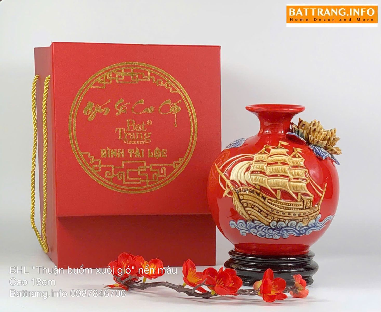 Bình Hút Lộc Thuận Buồm Men Màu Đắp Nổi Cao 18cm Cao Cấp Bát Tràng