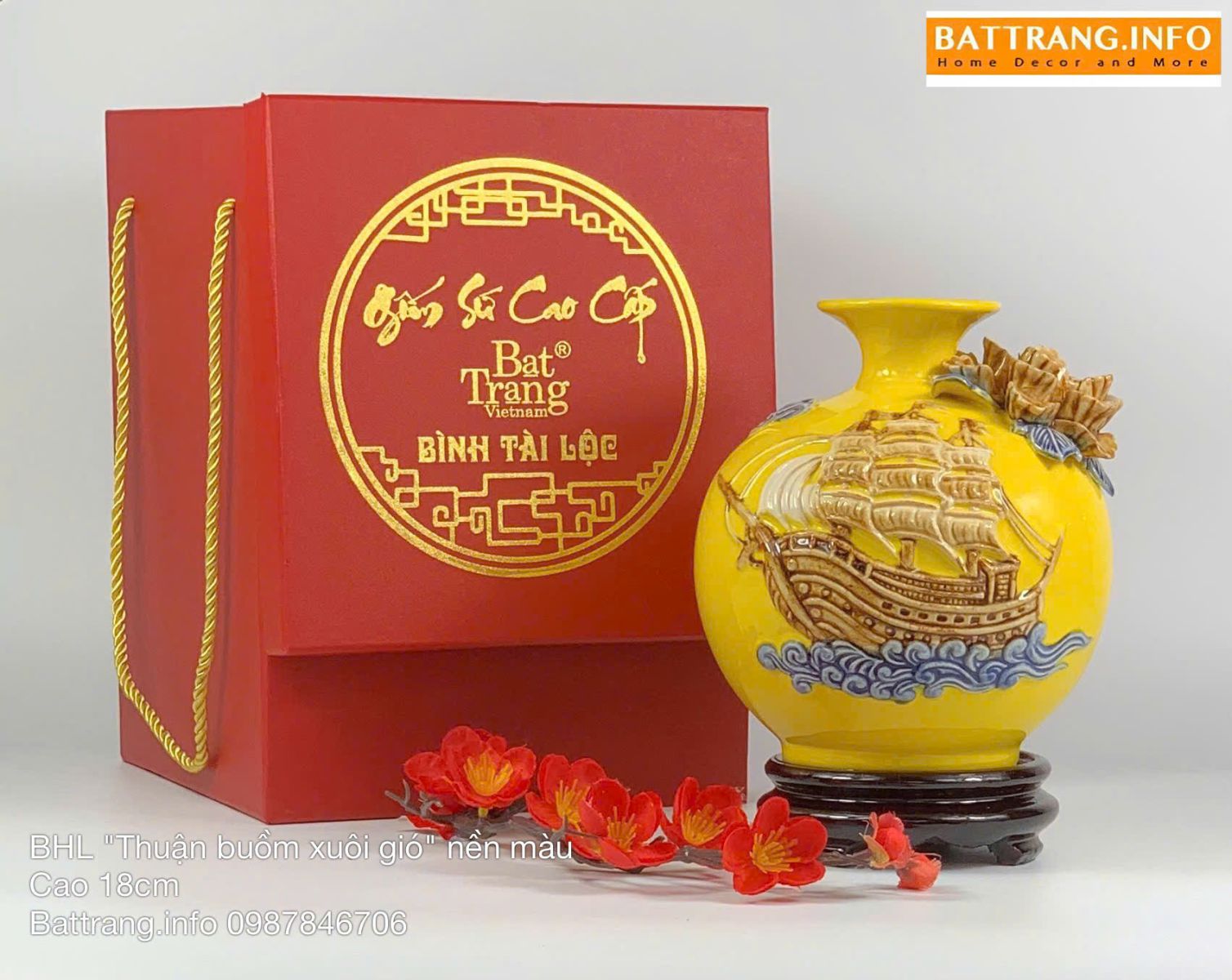 Bình Hút Lộc Thuận Buồm Men Màu Đắp Nổi Cao 18cm Cao Cấp Bát Tràng