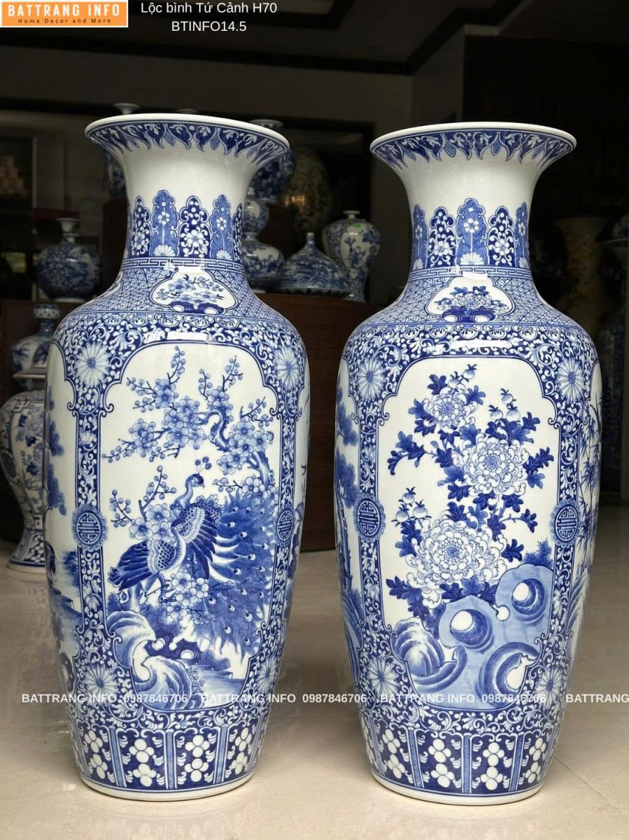 Lộc Bình Tứ Cảnh Men Lam Vẽ Tay Cao Cấp Bát Tràng Cao 70cm – Tinh Hoa Gốm Việt Cho Không Gian Sang Trọng