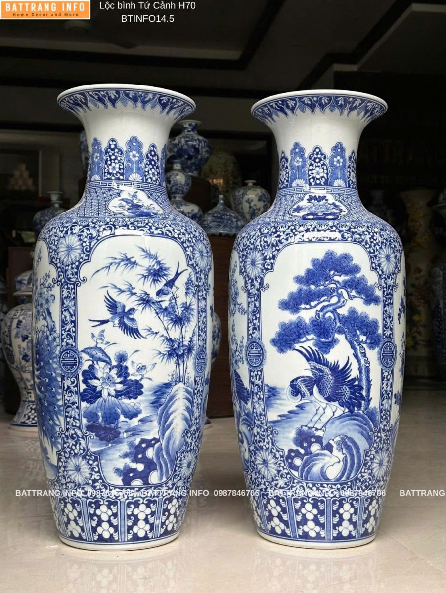 Lộc Bình Tứ Cảnh Men Lam Vẽ Tay Cao Cấp Bát Tràng Cao 70cm