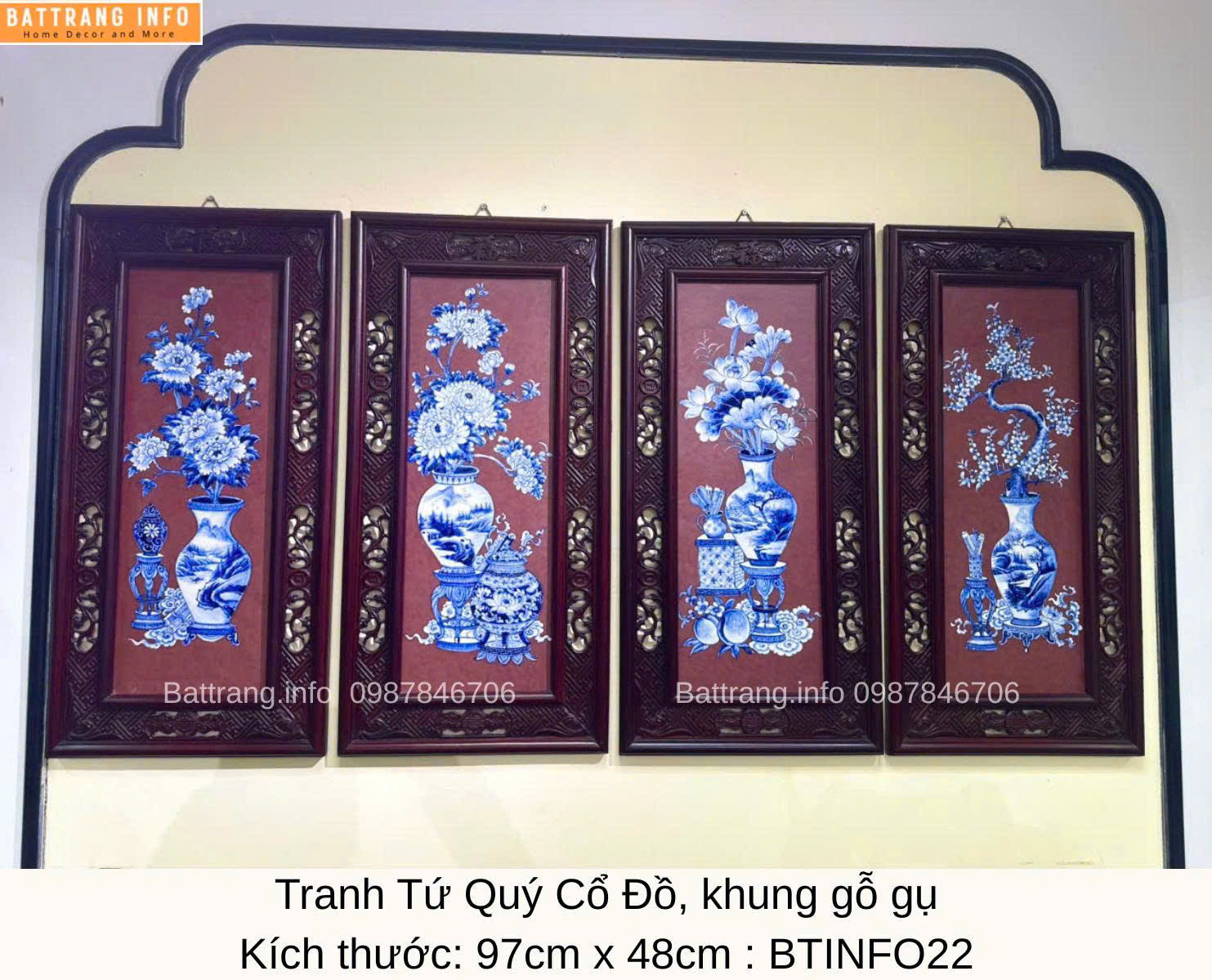 Tranh Tứ Quý Cổ Đồ Khung Gỗ Gụ 97x48 Cao Cấp Bát Tràng – Tinh Hoa Nghệ Thuật Gốm Việt