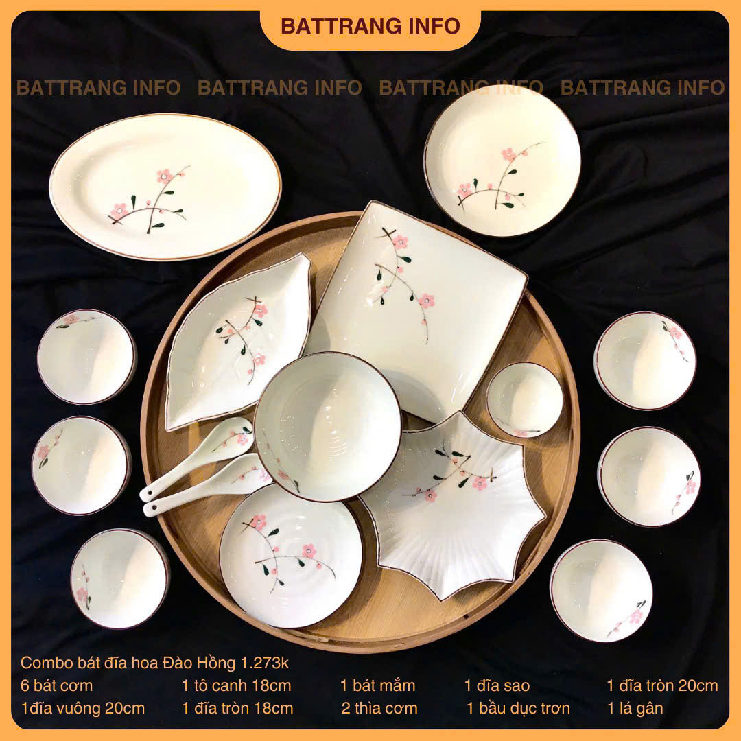 Bộ Bát Đĩa Vẽ Hoa Đào Hồng Cao Cấp Bát Tràng – Tinh Hoa Gốm Việt Trong Gian Bếp Hiện Đại