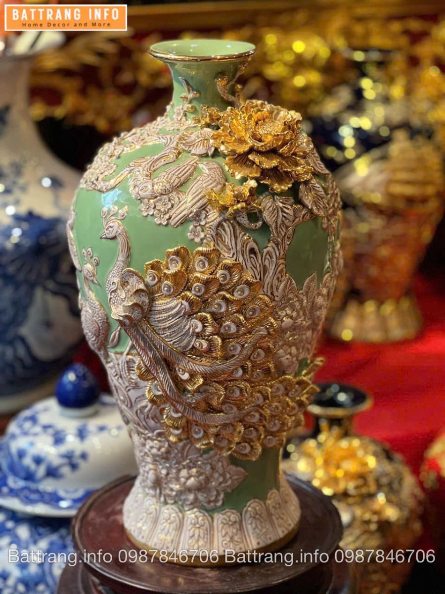 Mai Bình Công Danh Phú Quý Men Màu Đắp Nổi Vẽ Vàng 24K – Thu hút vượng khí, tài lộc, thịnh vượng.