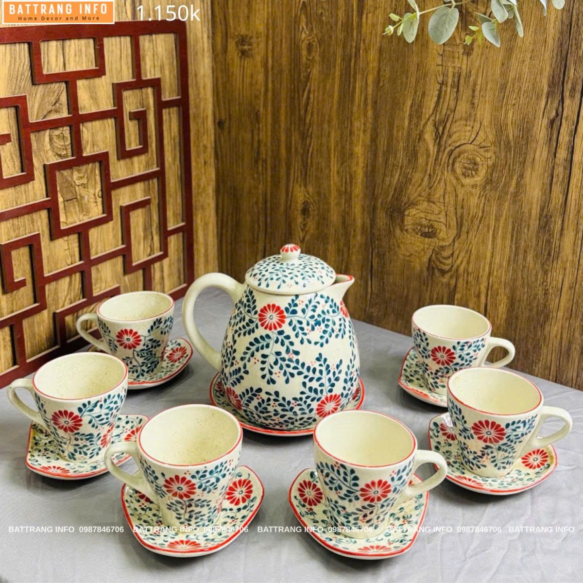 Bộ Bình Nước 1200ml Vẽ Tay Cao Cấp Bát Tràng – Tinh Hoa Gốm Việt Cho Không Gian Sống Sang Trọng