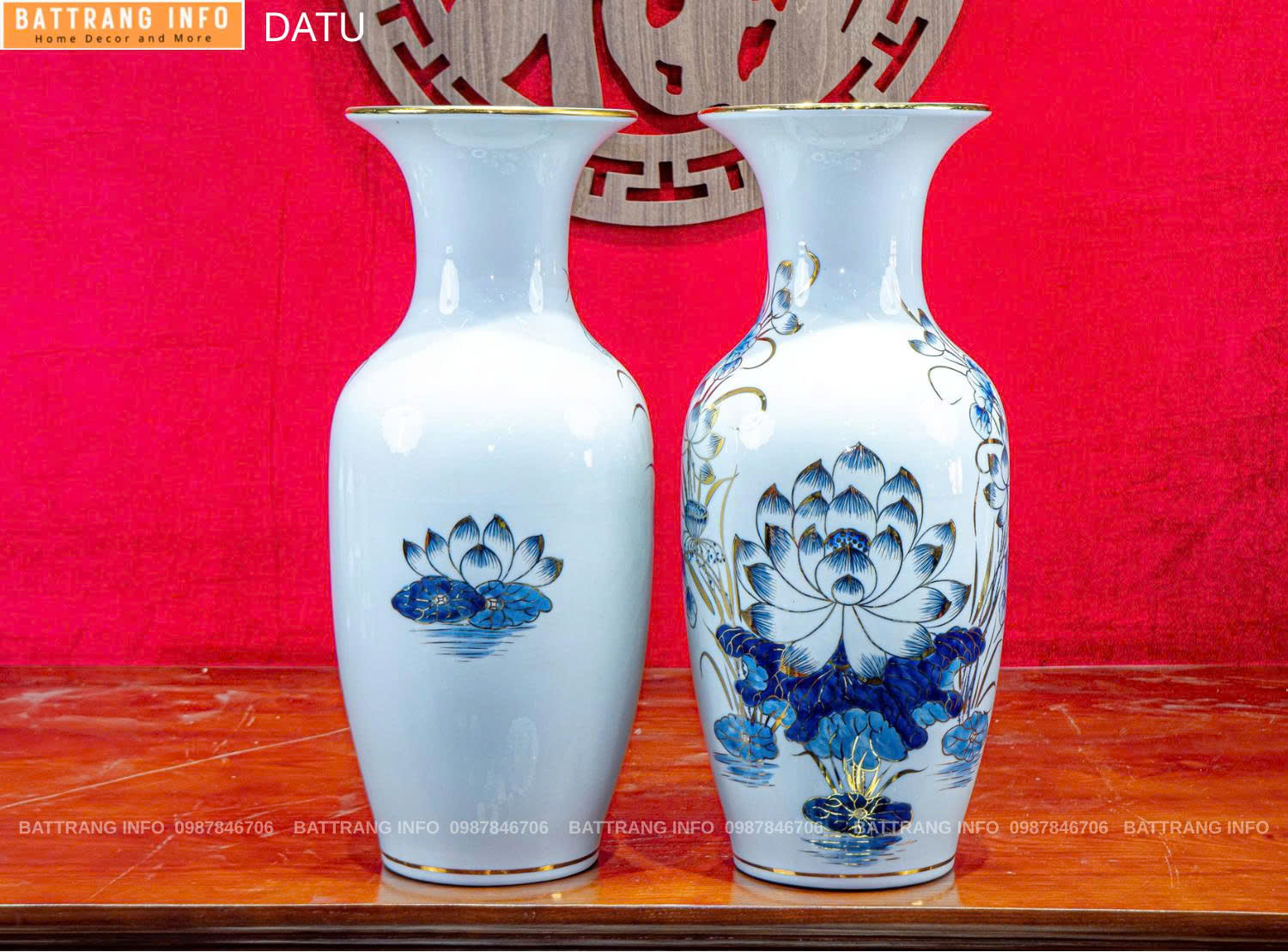 Lọ Hoa Sen Miệng Tròn  Vẽ Vàng 24K Cao Cấp Bát Tràng