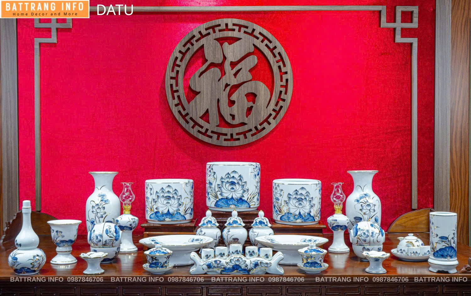 Bộ Đồ Thờ Hoa Sen Vẽ Vàng 24k Cao Cấp Bát Tràng