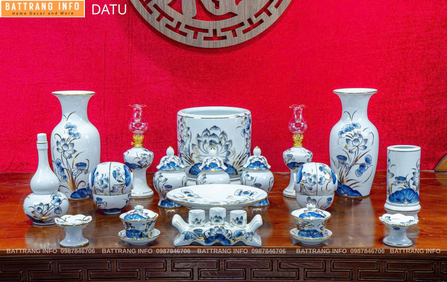 Bộ Đồ Thờ Hoa Sen Vẽ Vàng 24k Cao Cấp Bát Tràng