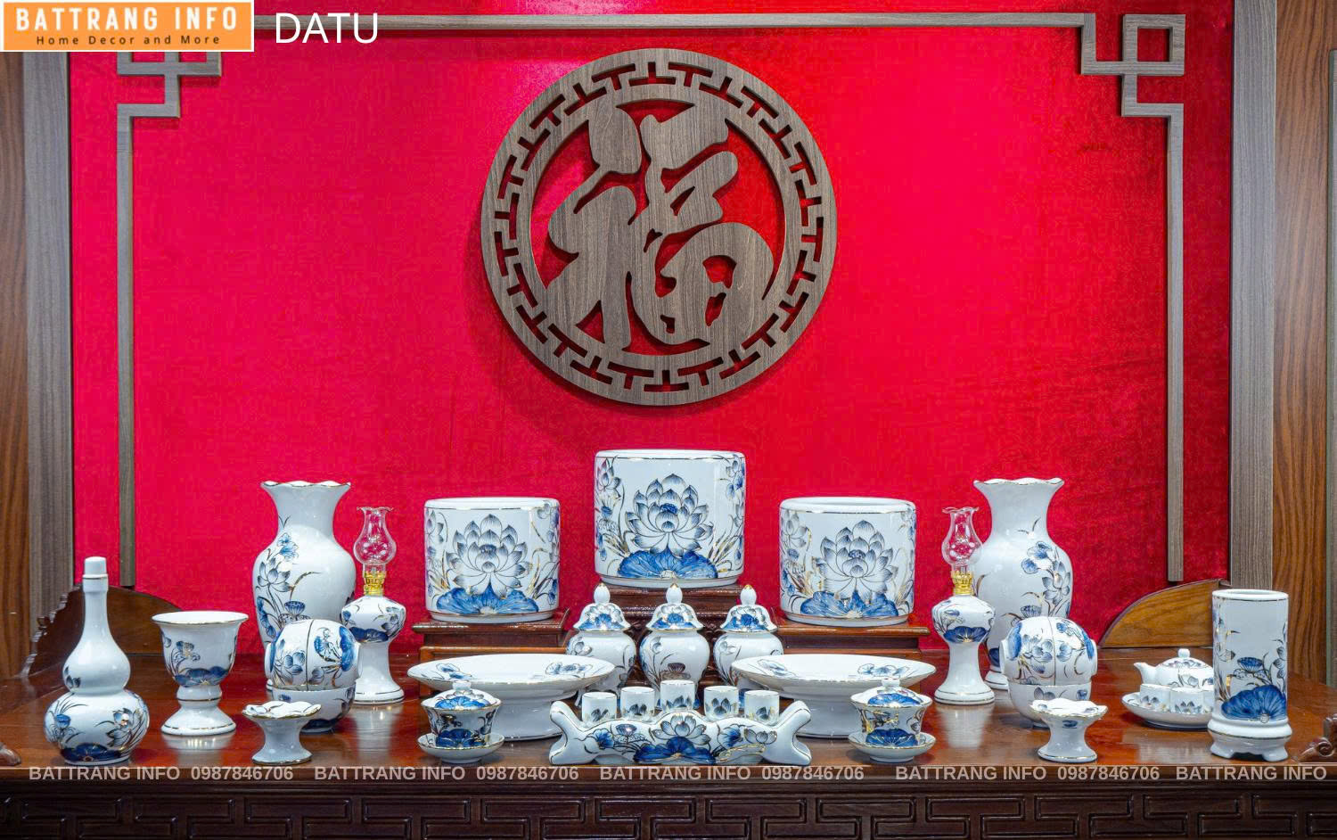 Bộ Đồ Thờ Hoa Sen Vẽ Vàng 24k Cao Cấp Bát Tràng