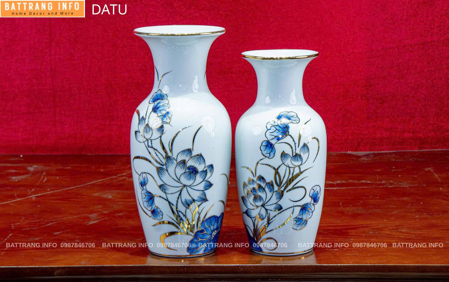 Lọ Hoa Sen Miệng Tròn  Vẽ Vàng 24K Cao Cấp Bát Tràng