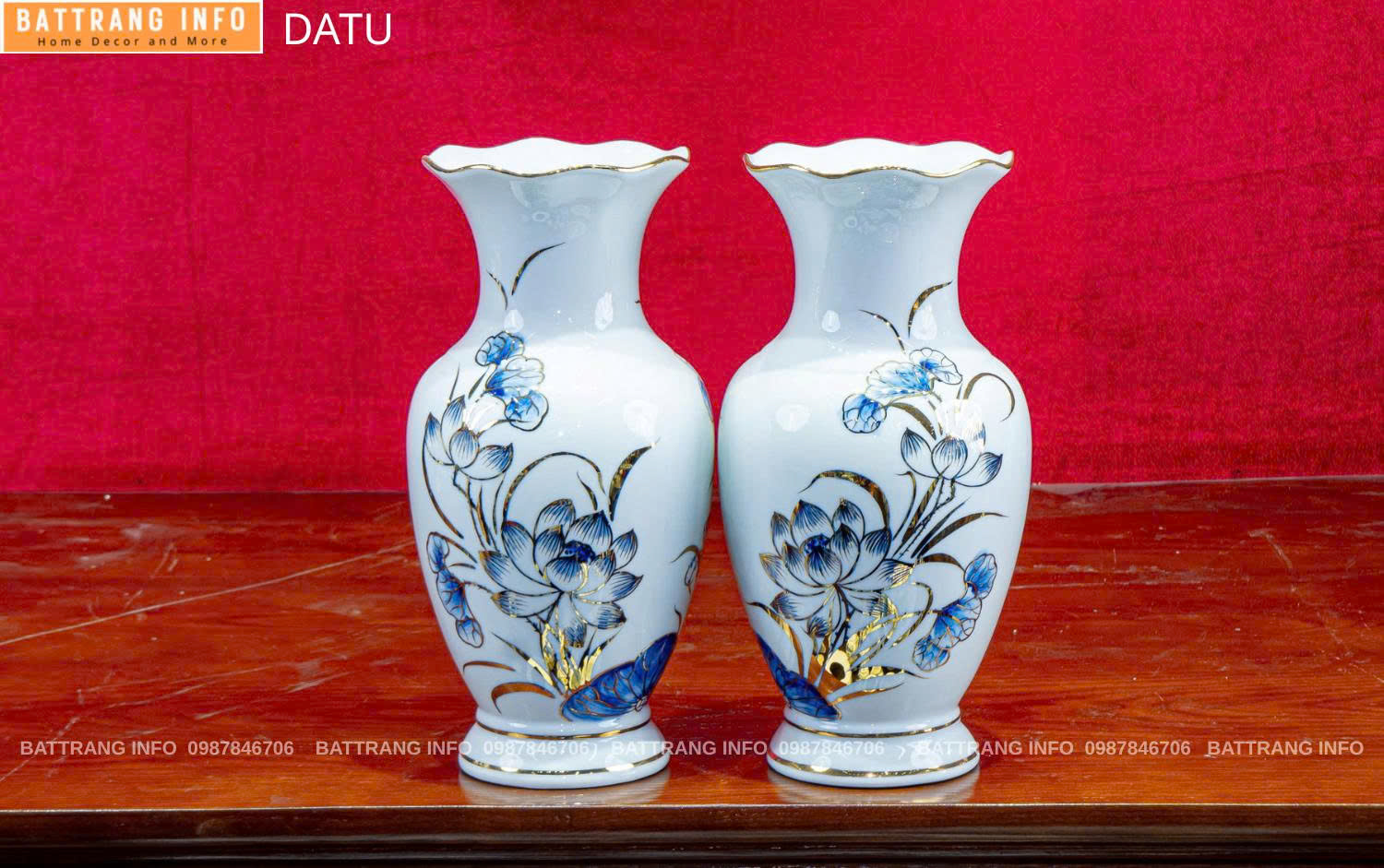 Lọ Hoa Sen Miệng Lượn  Vẽ Vàng 24K Cao Cấp Bát Tràng