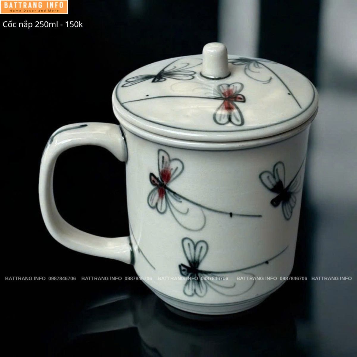 Cốc Văn Phòng Có Nắp Sứ Bát Tràng Cao Cấp 250ml