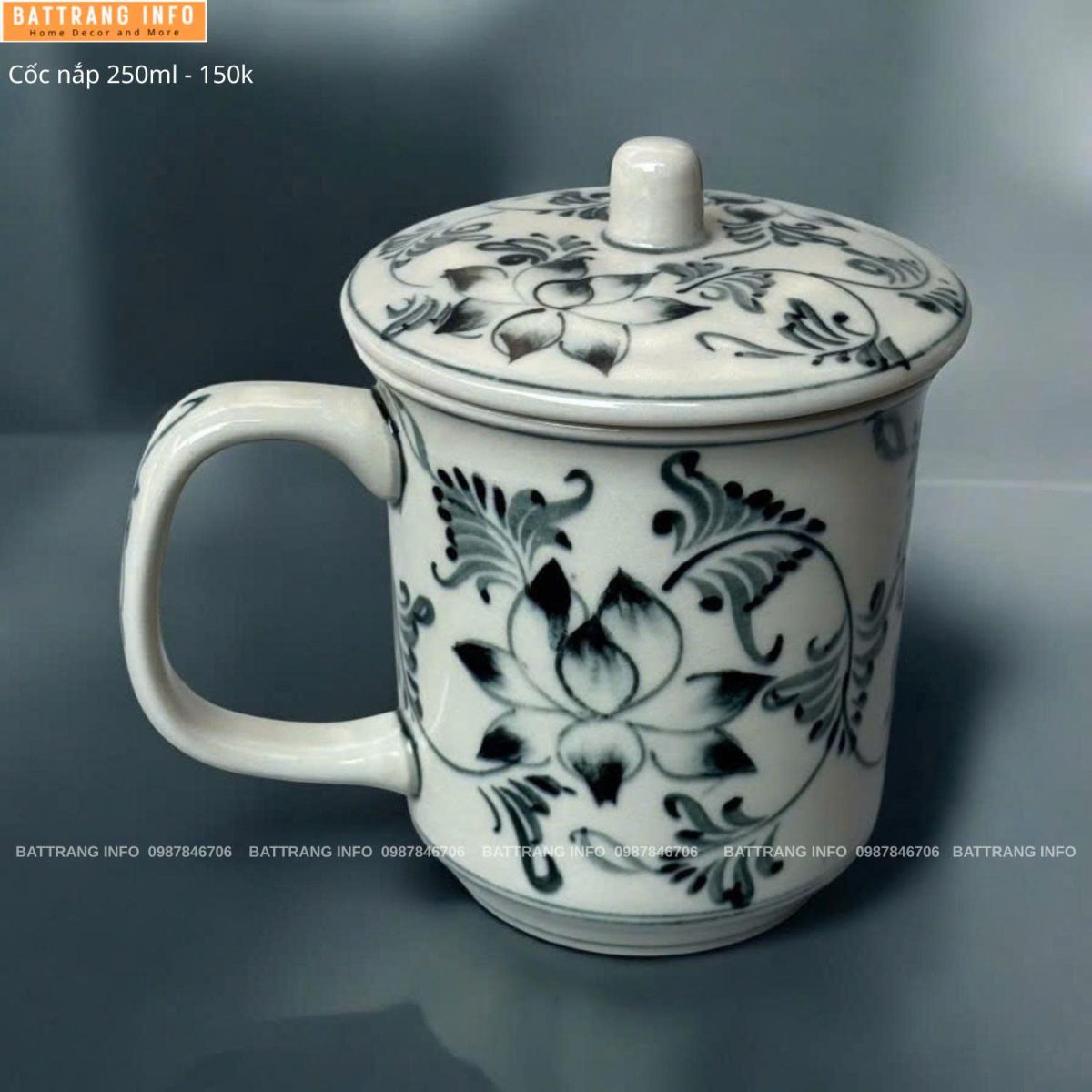 Cốc Văn Phòng Có Nắp Sứ Bát Tràng Cao Cấp 250ml
