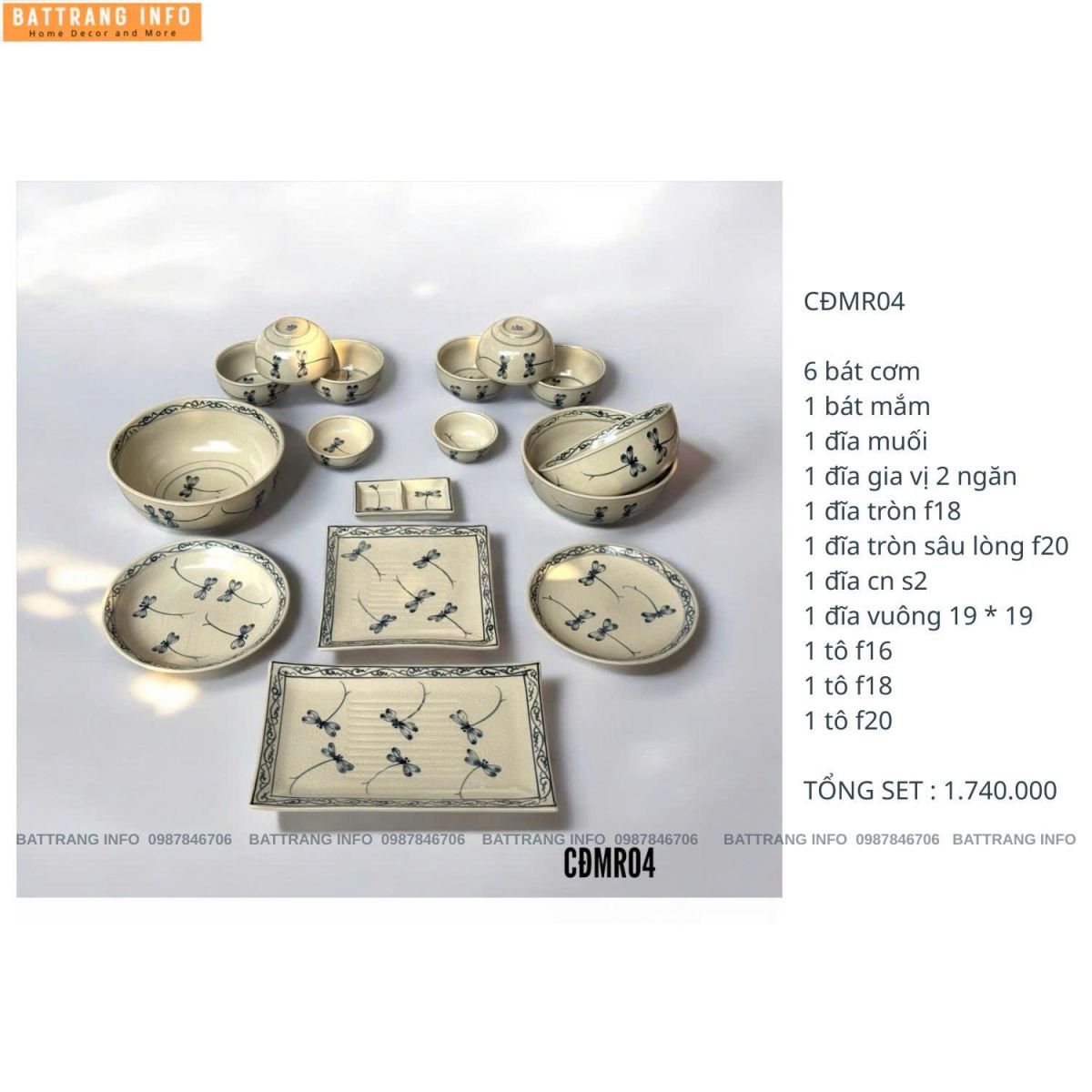 Bộ Bát Đĩa Chuồn Đôi Men Rạn Cao Cấp Bát Tràng