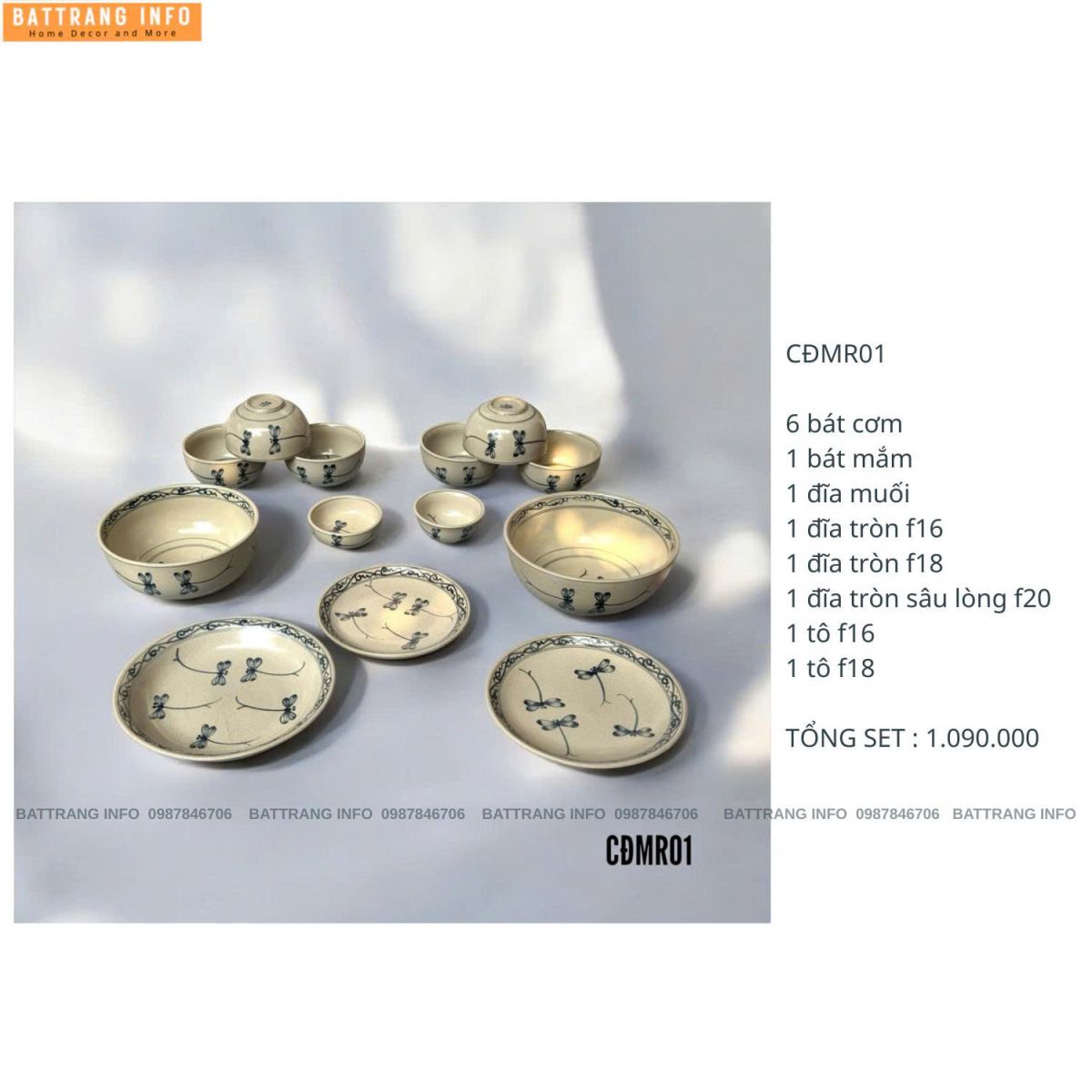 Bộ Bát Đĩa Chuồn Đôi Men Rạn Cao Cấp Bát Tràng