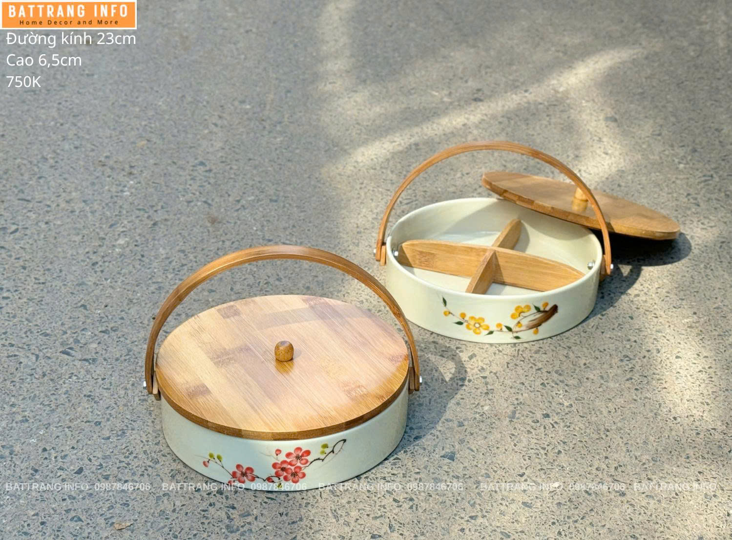 Khay Mứt Tròn 4 Ngăn Tay Sách Vẽ Hoa Cao Cấp Bát Tràng