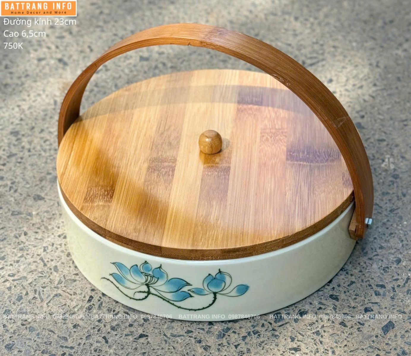 Khay Mứt Tròn 4 Ngăn Tay Sách Vẽ Hoa Cao Cấp Bát Tràng