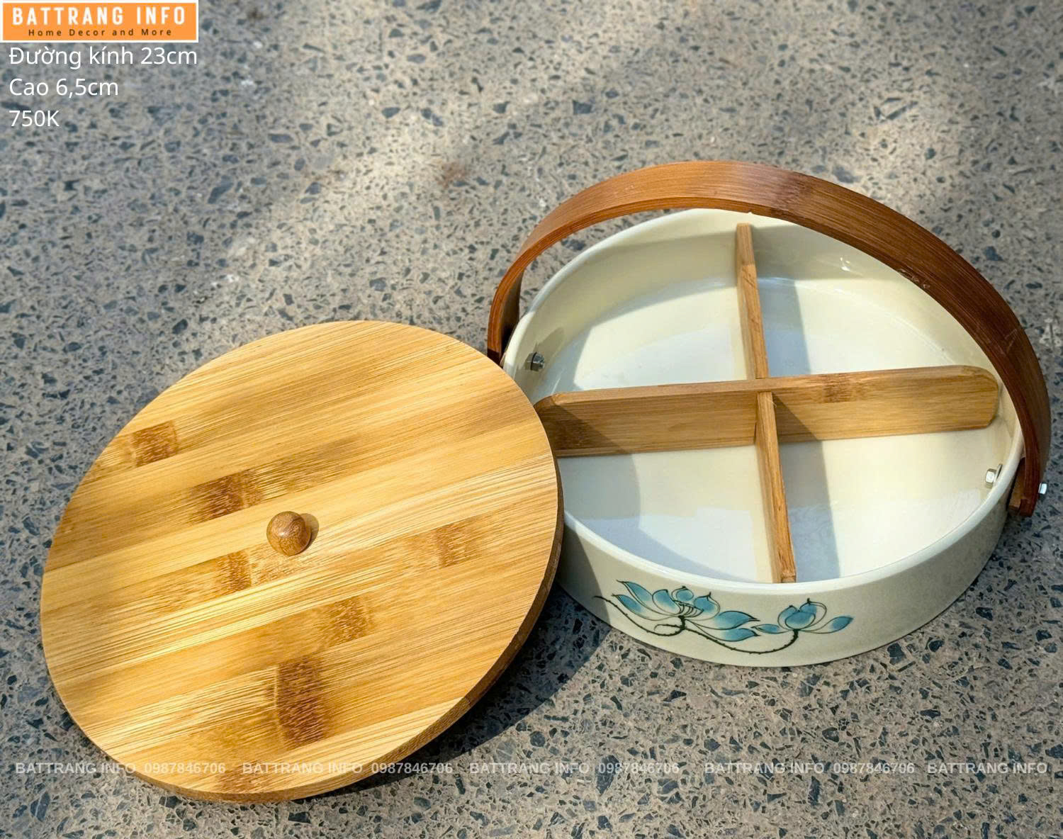 Khay Mứt Tròn 4 Ngăn Tay Sách Vẽ Hoa Cao Cấp Bát Tràng