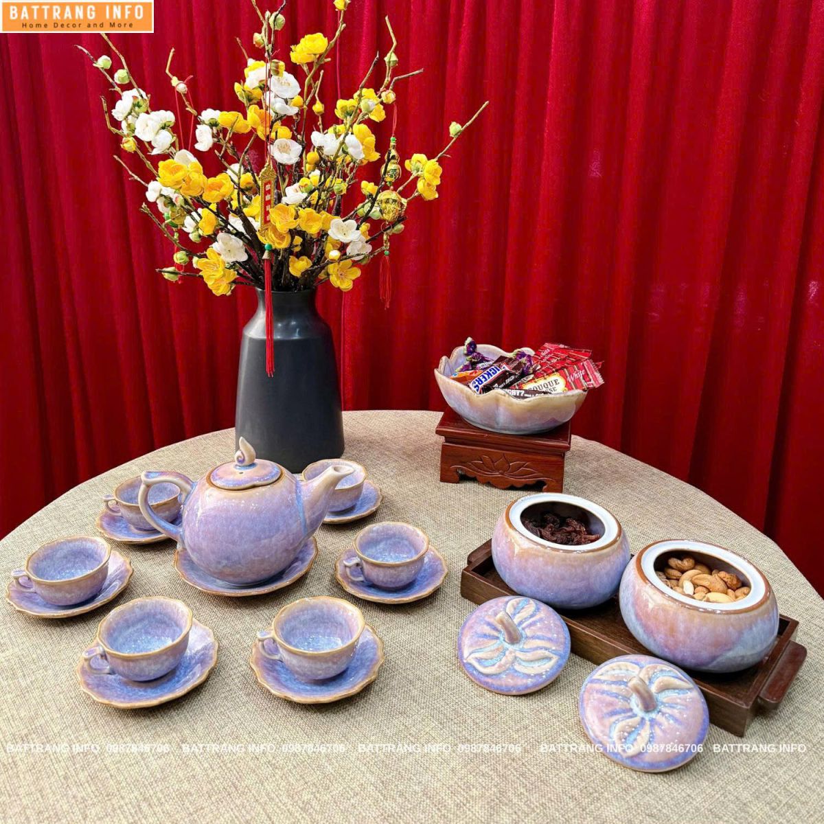 Combo Ấm Chén và Hũ Mứt Men Hoả Biến Cao Cấp Bát Tràng