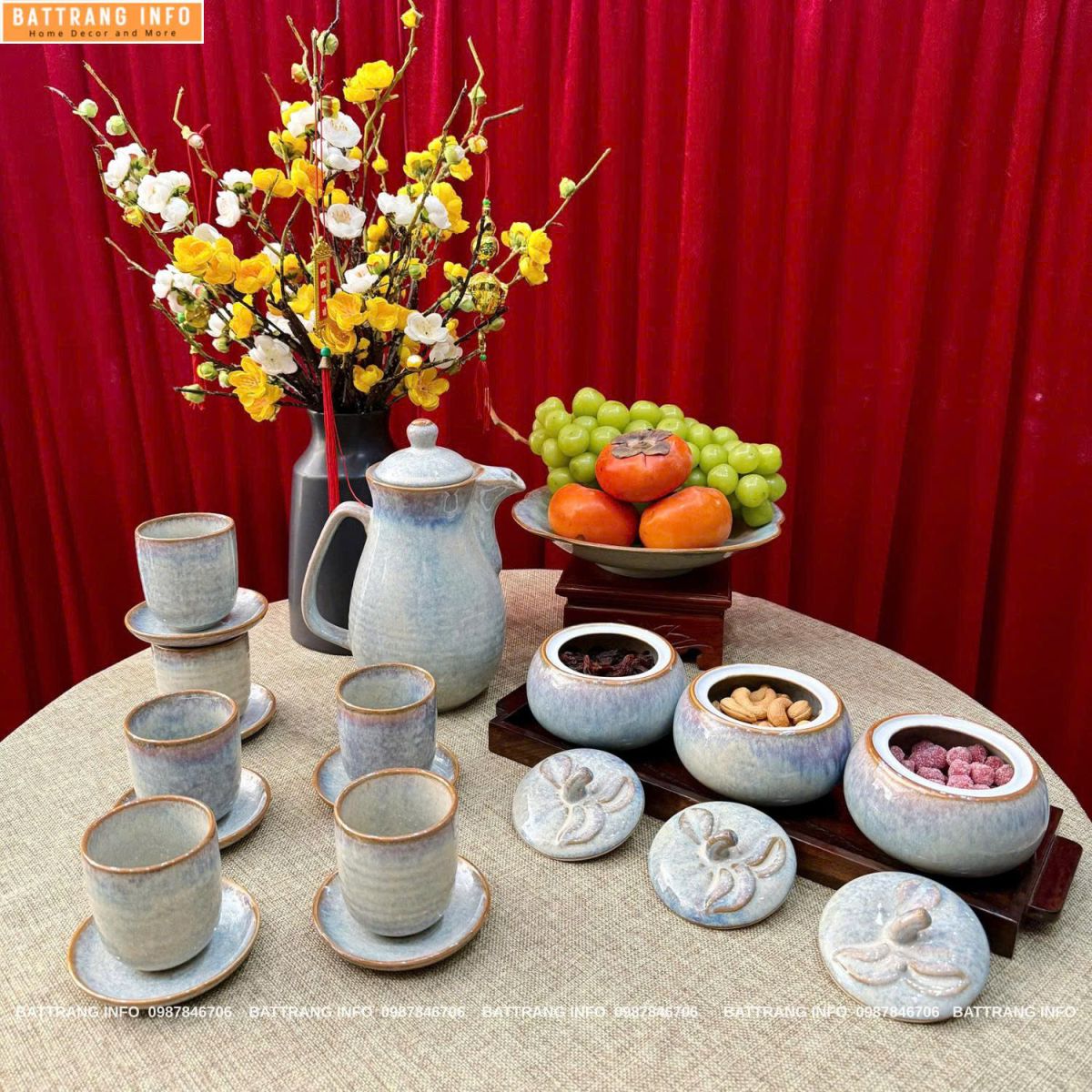 Combo Ấm Chén và Hũ Mứt Men Hoả Biến Cao Cấp Bát Tràng