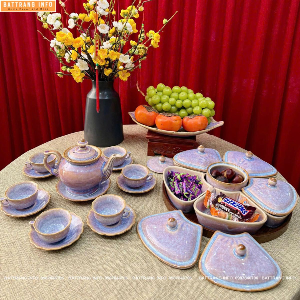 Combo Ấm Chén và Hũ Mứt Men Hoả Biến Cao Cấp Bát Tràng