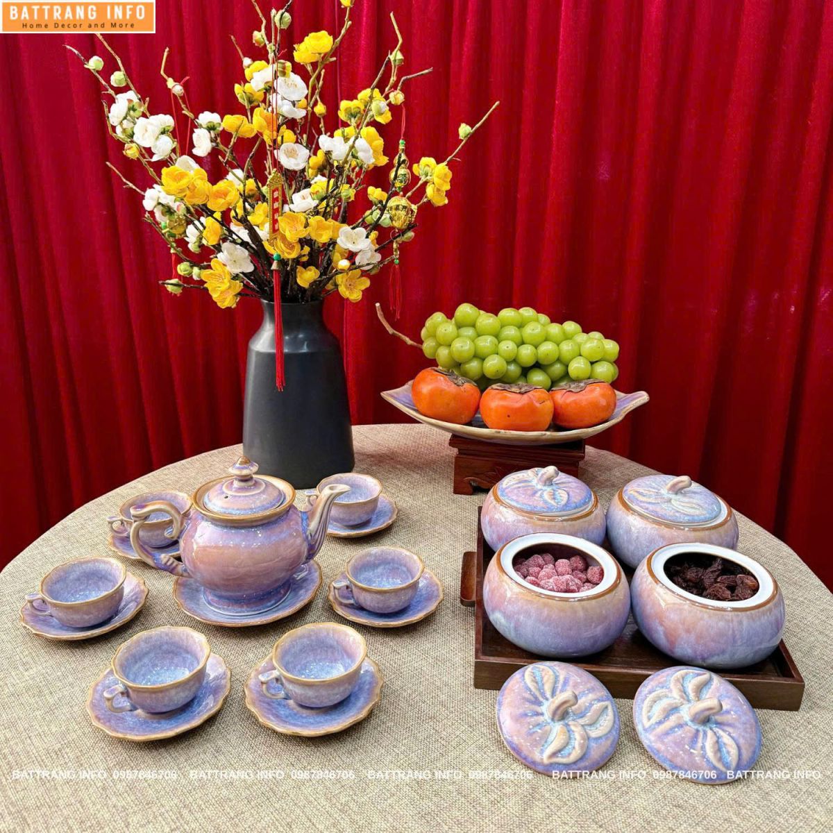 Combo Ấm Chén và Hũ Mứt Men Hoả Biến Cao Cấp Bát Tràng