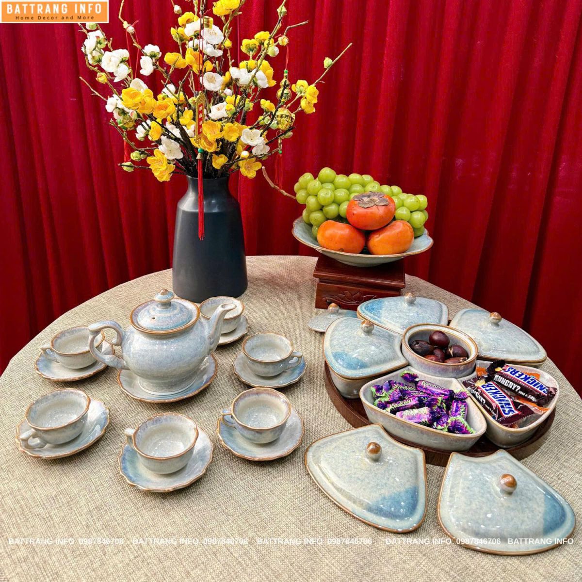 Combo Ấm Chén và Hũ Mứt Men Hoả Biến Cao Cấp Bát Tràng