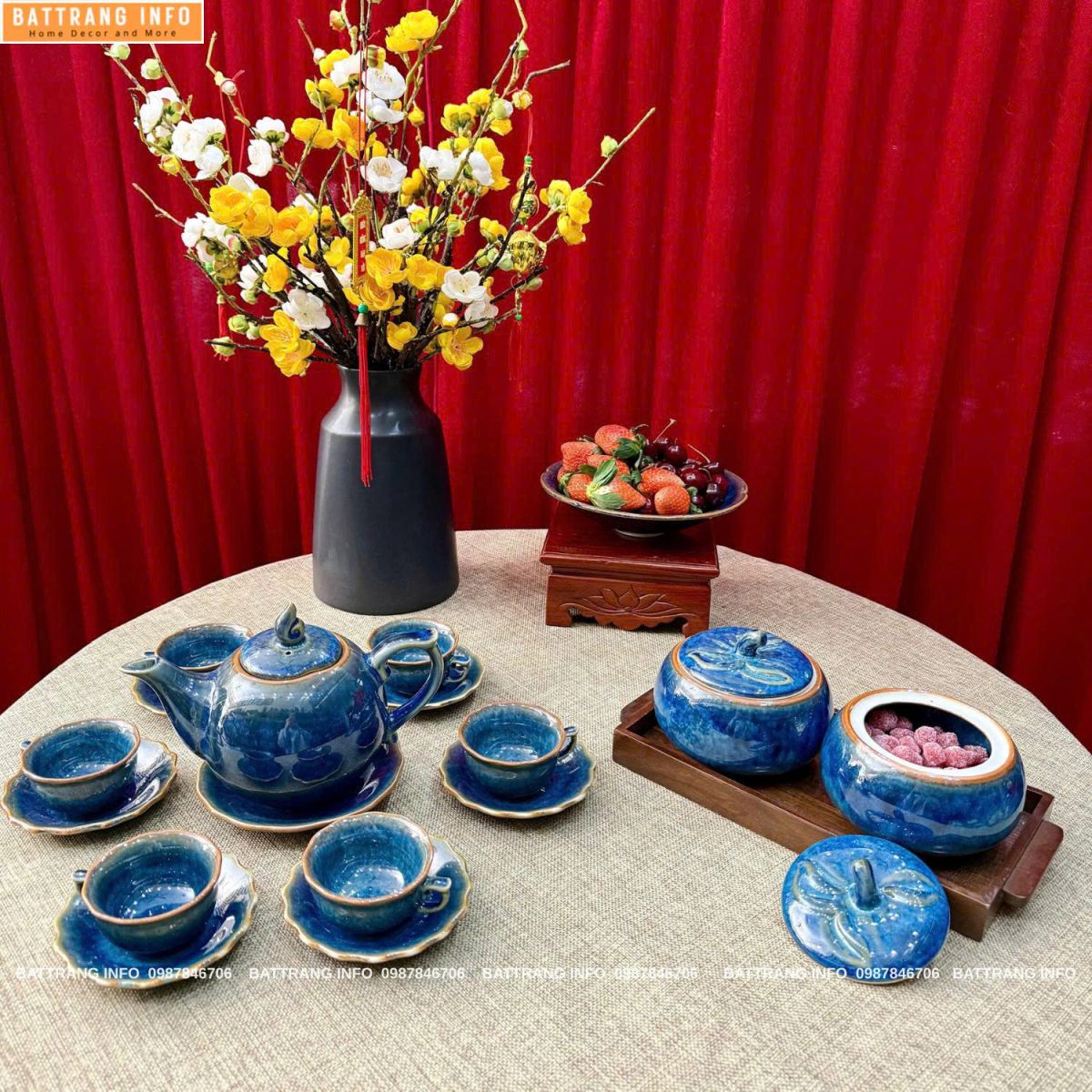 Combo Ấm Chén và Hũ Mứt Men Hoả Biến Cao Cấp Bát Tràng