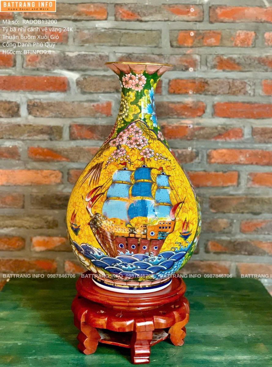 Tỳ Bà Nhị Cảnh Vẽ Vàng 24K – Thuận Buồm Xuôi Gió & Công Danh Phú Quý – Cao 60cm