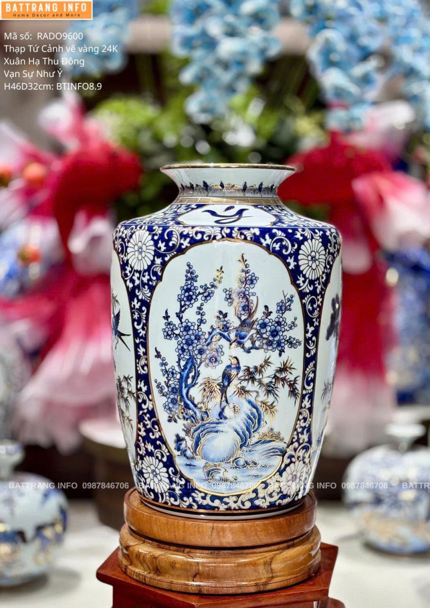 Thạp Tứ Cảnh Men Lam Vẽ Vàng 24K Cao 46cm