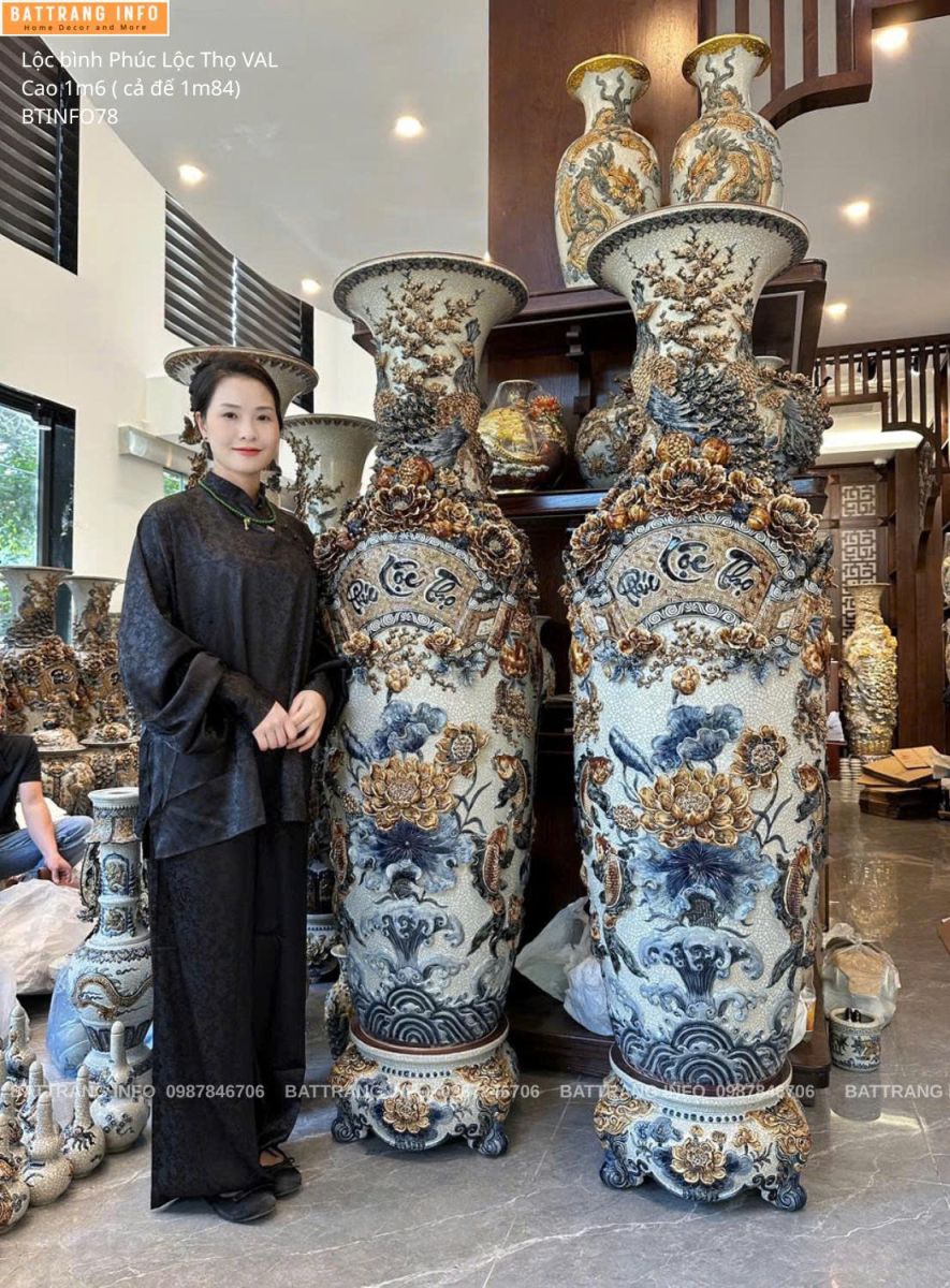 Lộc bình men rạn đắp nổi chữ Phúc Lộc Thọ cao 1m6 VIP Bát Tràng