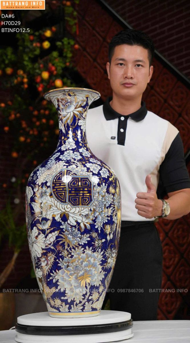 Bảo Bình Long Phụng Sum Vầy Men Lam Cao 70cm – Vẽ Vàng 24K Cao Cấp Bát Tràng