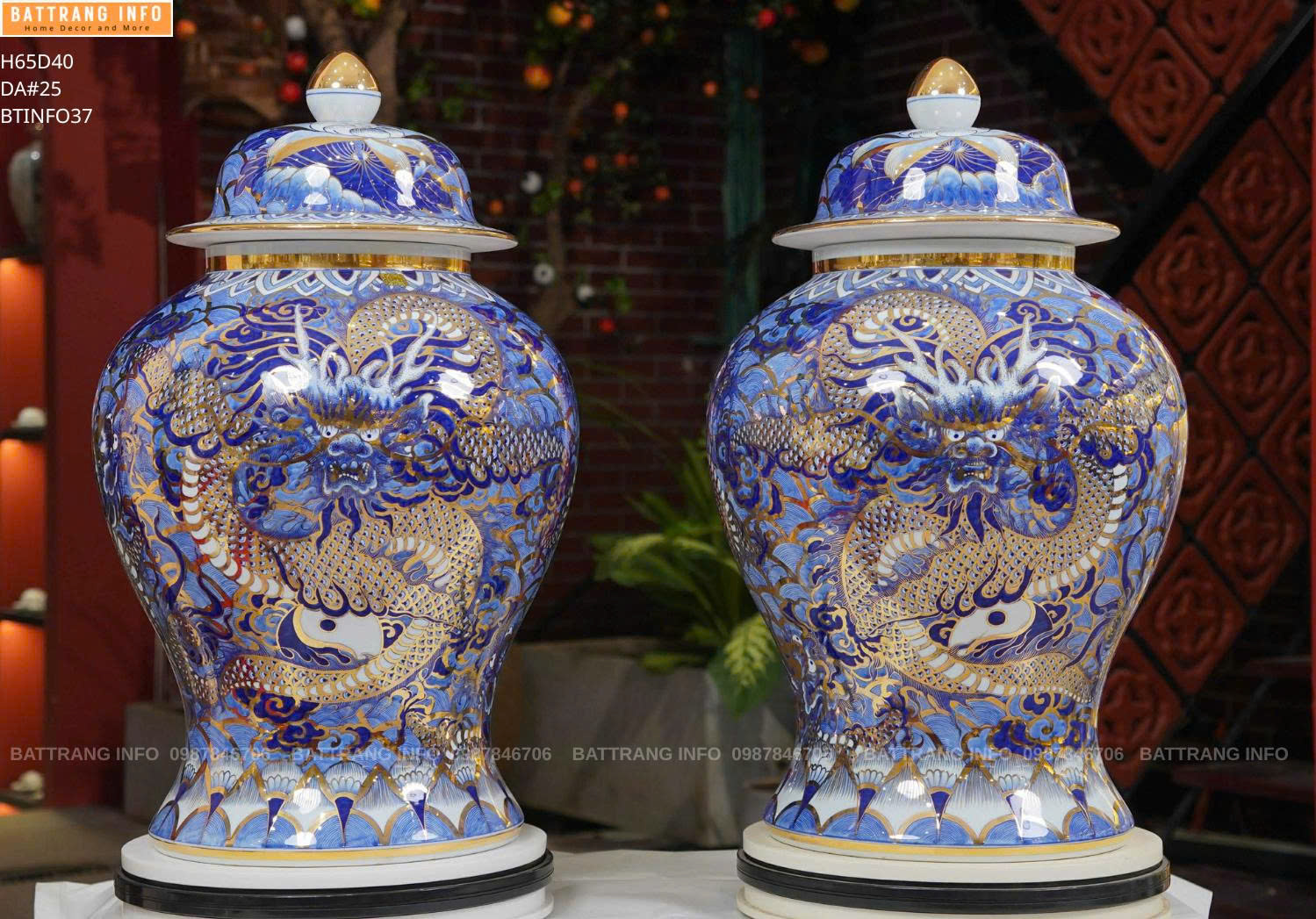 Cặp Choé Ngũ Long Khuấy Thủy Vẽ Vàng 24K Cao 65cm