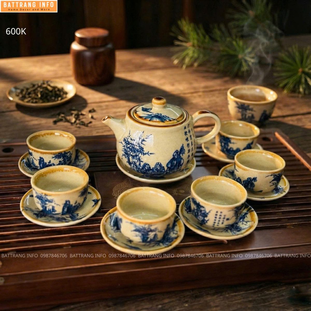 Bộ Ấm Chén Men Rạn Vẽ Giả Cổ Cao Cấp Bát Tràng