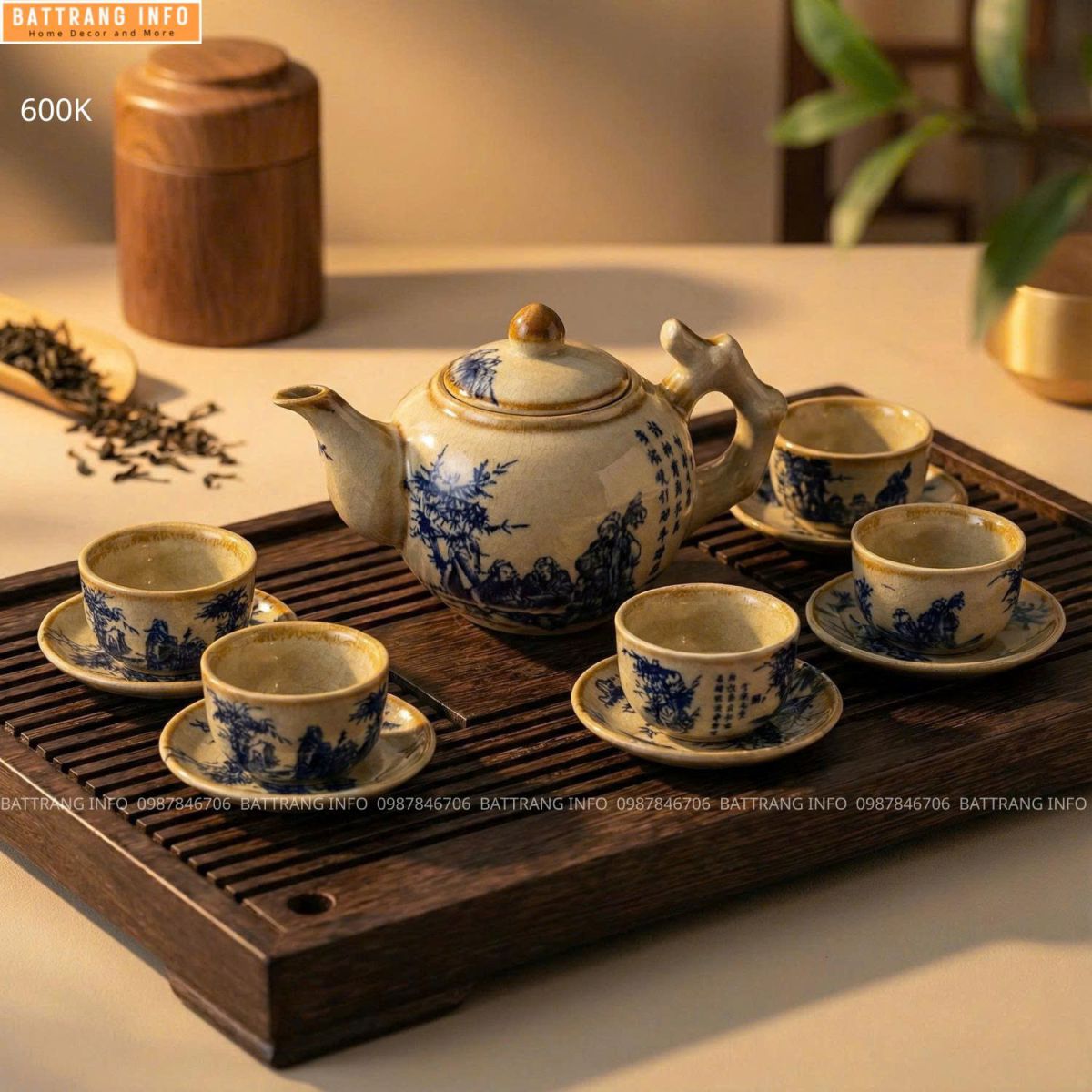 Bộ Ấm Chén Men Rạn Vẽ Giả Cổ Cao Cấp Bát Tràng