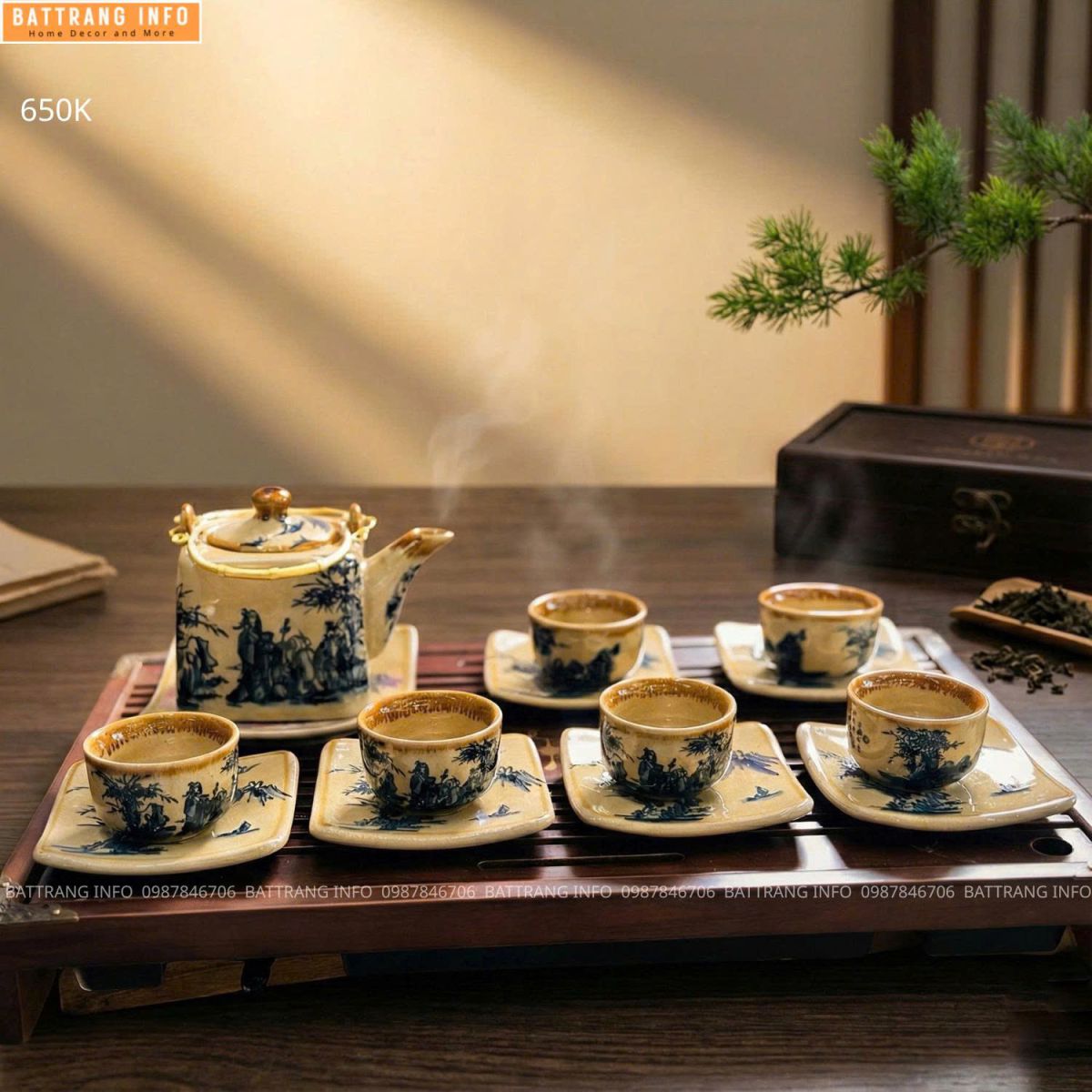 Bộ Ấm Chén Men Rạn Vẽ Giả Cổ Cao Cấp Bát Tràng