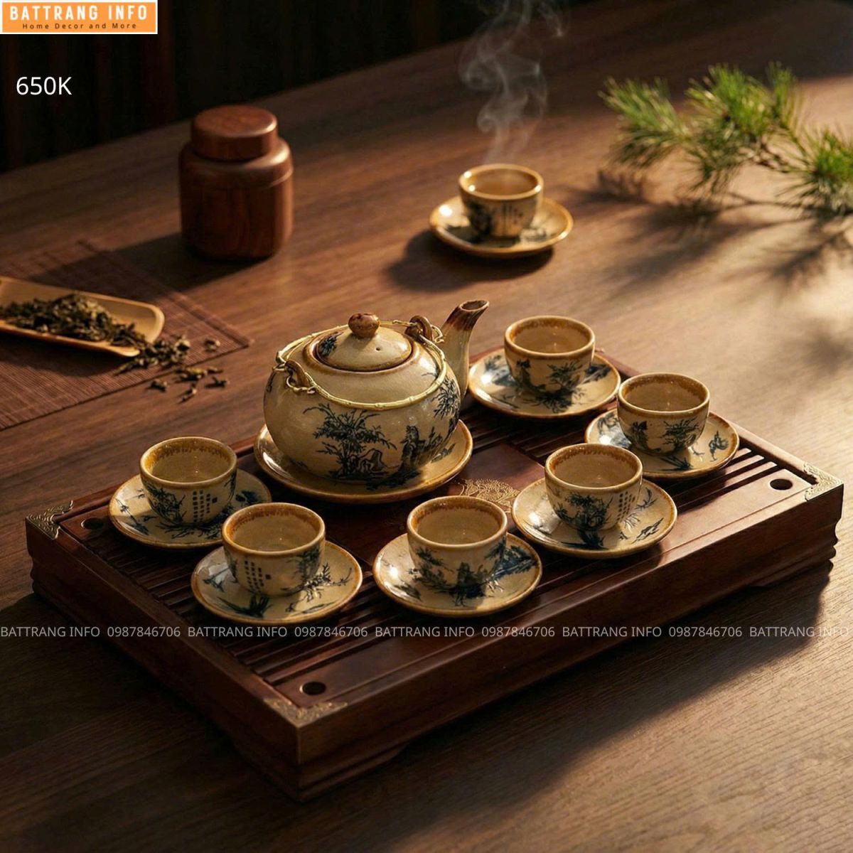 Bộ Ấm Chén Men Rạn Vẽ Giả Cổ Cao Cấp Bát Tràng