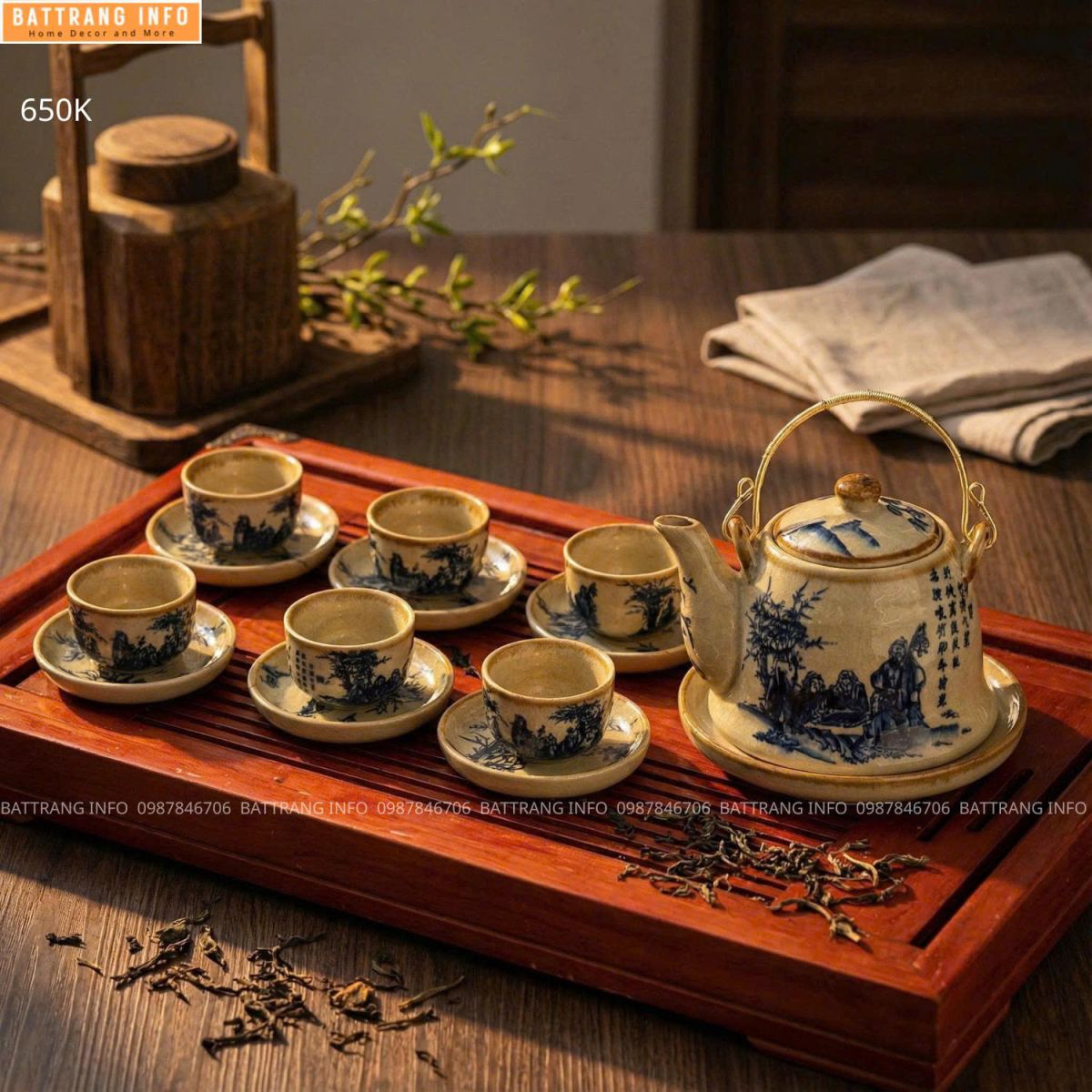 Bộ Ấm Chén Men Rạn Vẽ Giả Cổ Cao Cấp Bát Tràng