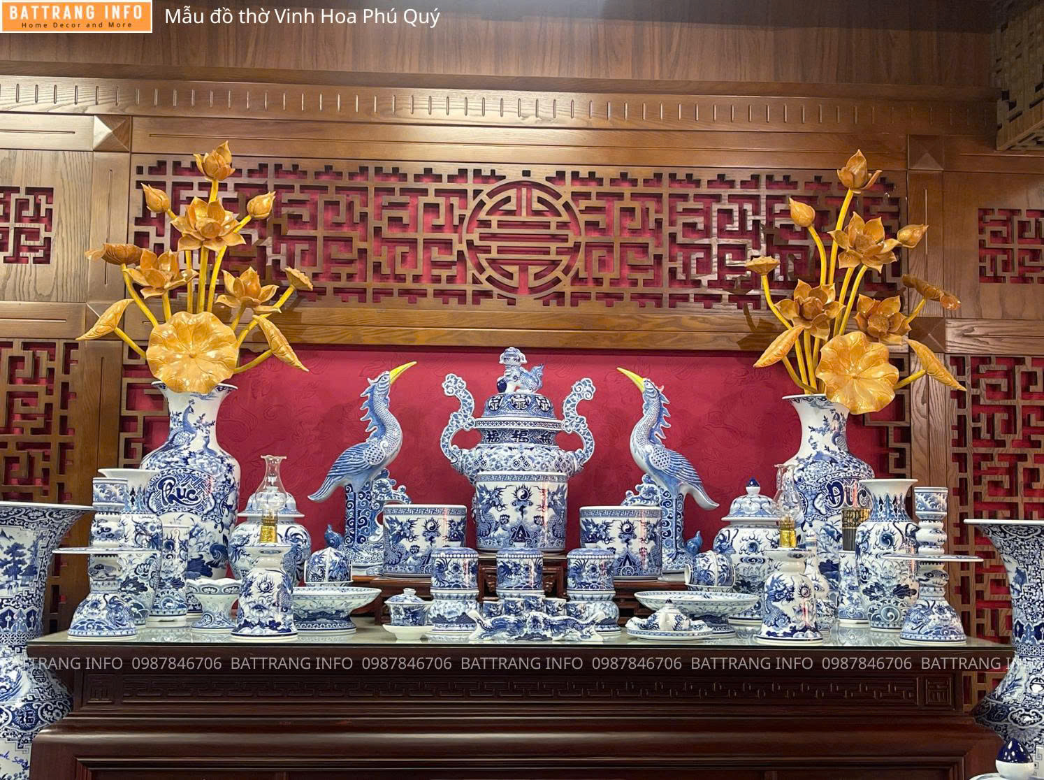 Bộ Đồ Thờ Vinh Hoa Phú Quý Men Lam Vẽ Tay Cao Cấp Bát Tràng