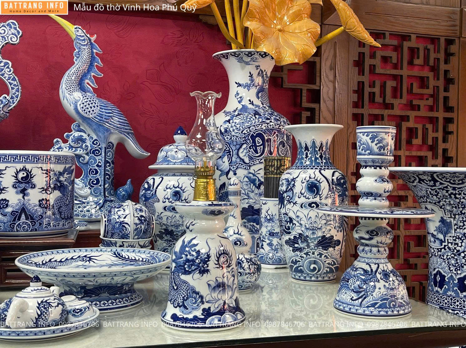 Bộ Đồ Thờ Vinh Hoa Phú Quý Men Lam Vẽ Tay Cao Cấp Bát Tràng