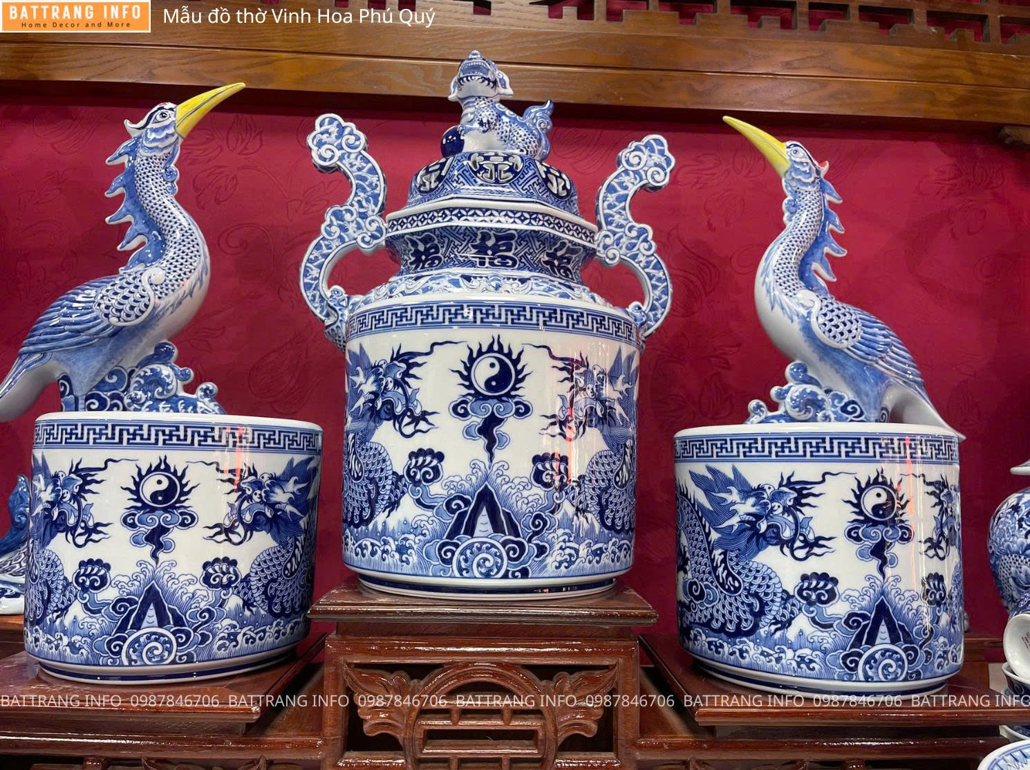 Bộ Đồ Thờ Vinh Hoa Phú Quý Men Lam Vẽ Tay Cao Cấp Bát Tràng