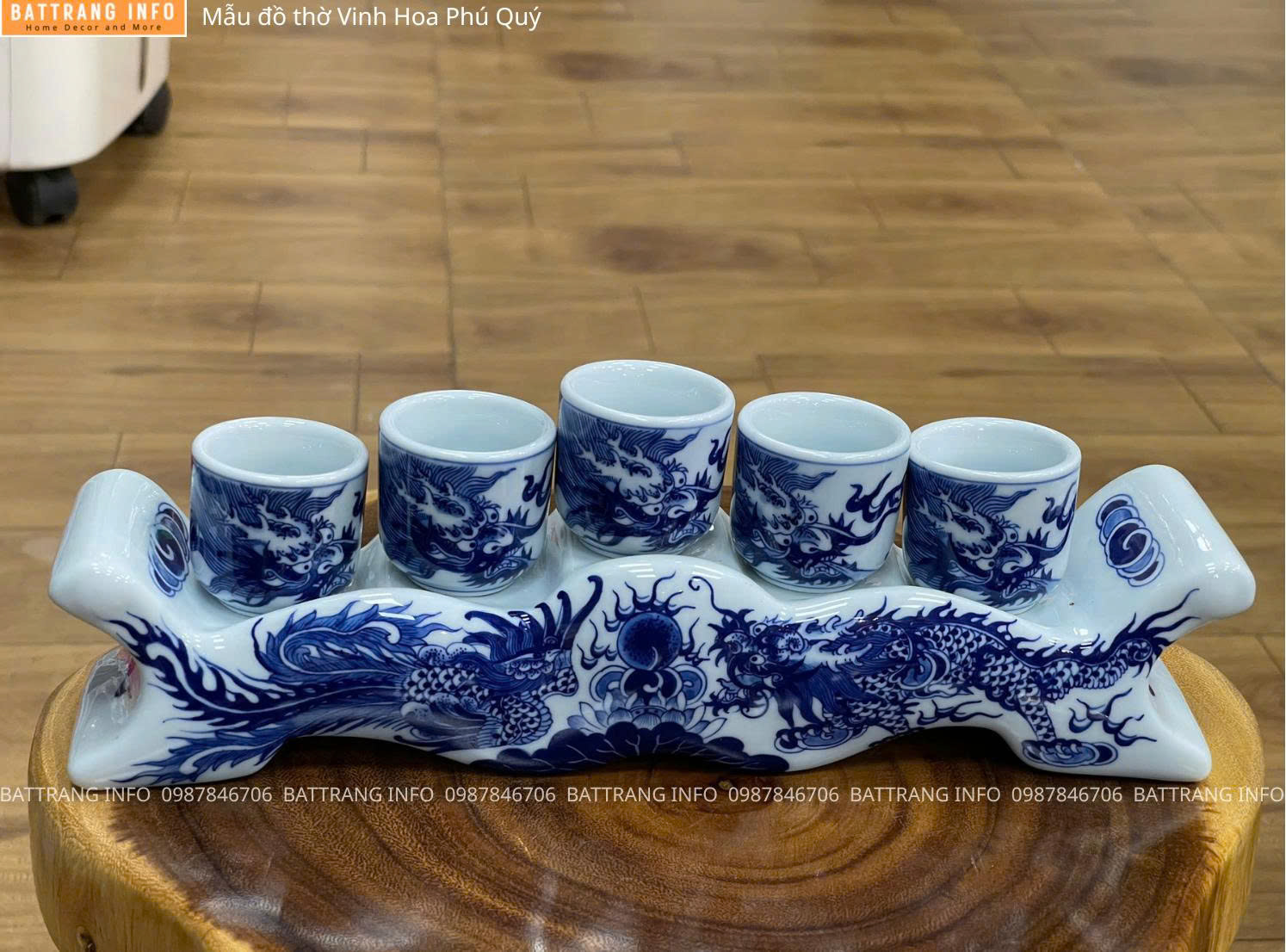 Bộ Đồ Thờ Vinh Hoa Phú Quý Men Lam Vẽ Tay Cao Cấp Bát Tràng - Kỷ Ngai 5 Chén