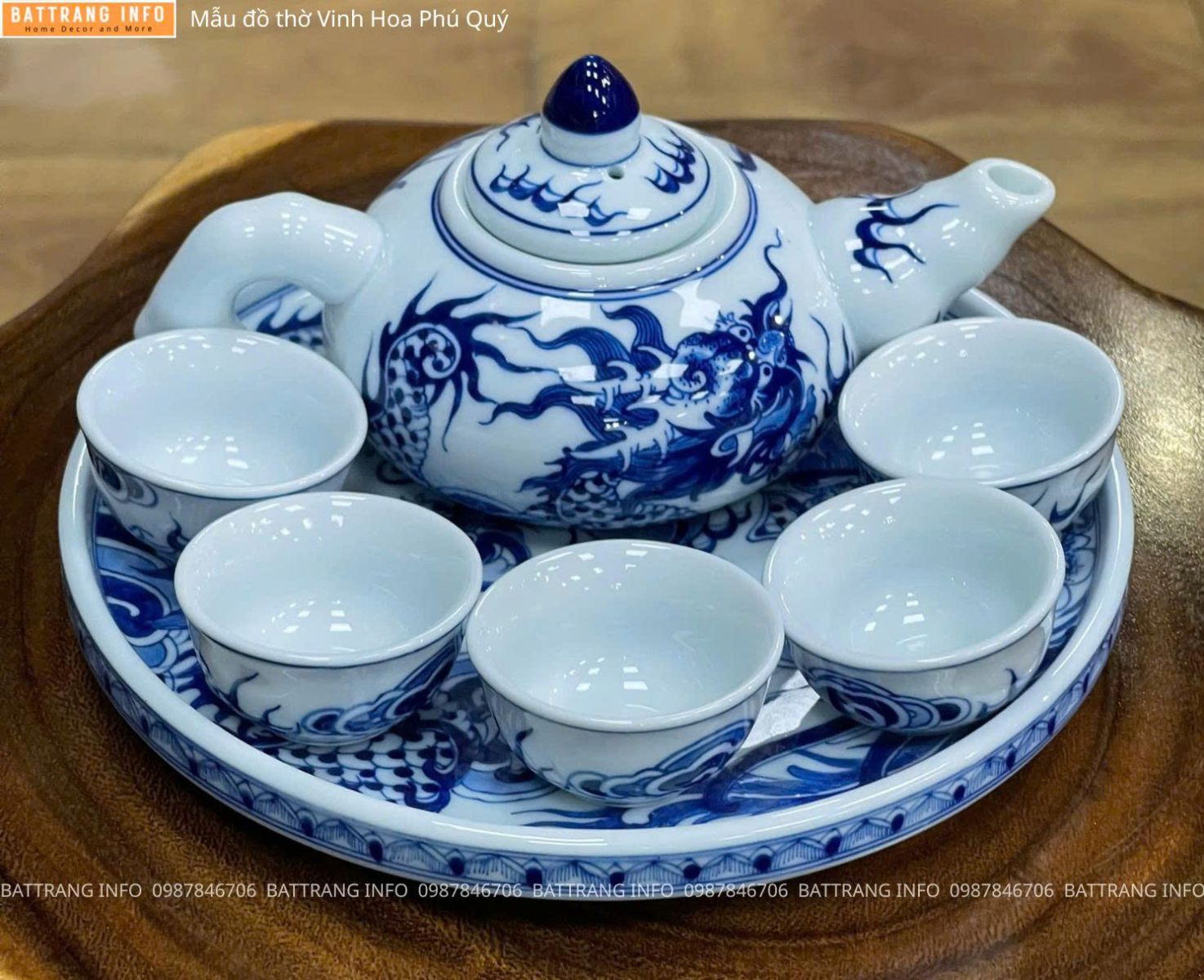 Bộ Đồ Thờ Vinh Hoa Phú Quý Men Lam Vẽ Tay Cao Cấp Bát Tràng  - Bộ Trà