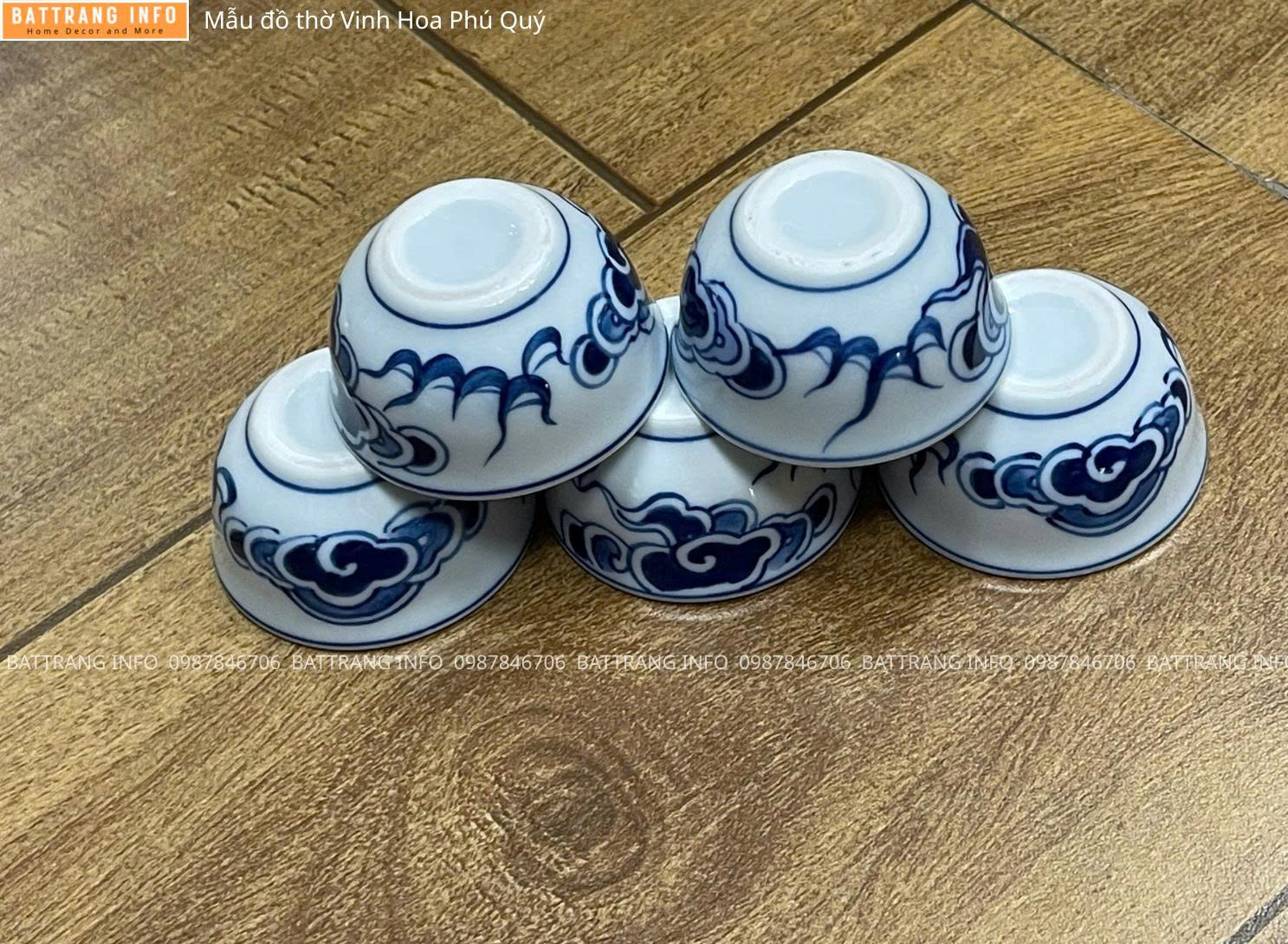 Bộ Đồ Thờ Vinh Hoa Phú Quý Men Lam Vẽ Tay Cao Cấp Bát Tràng  - Bát Cúng